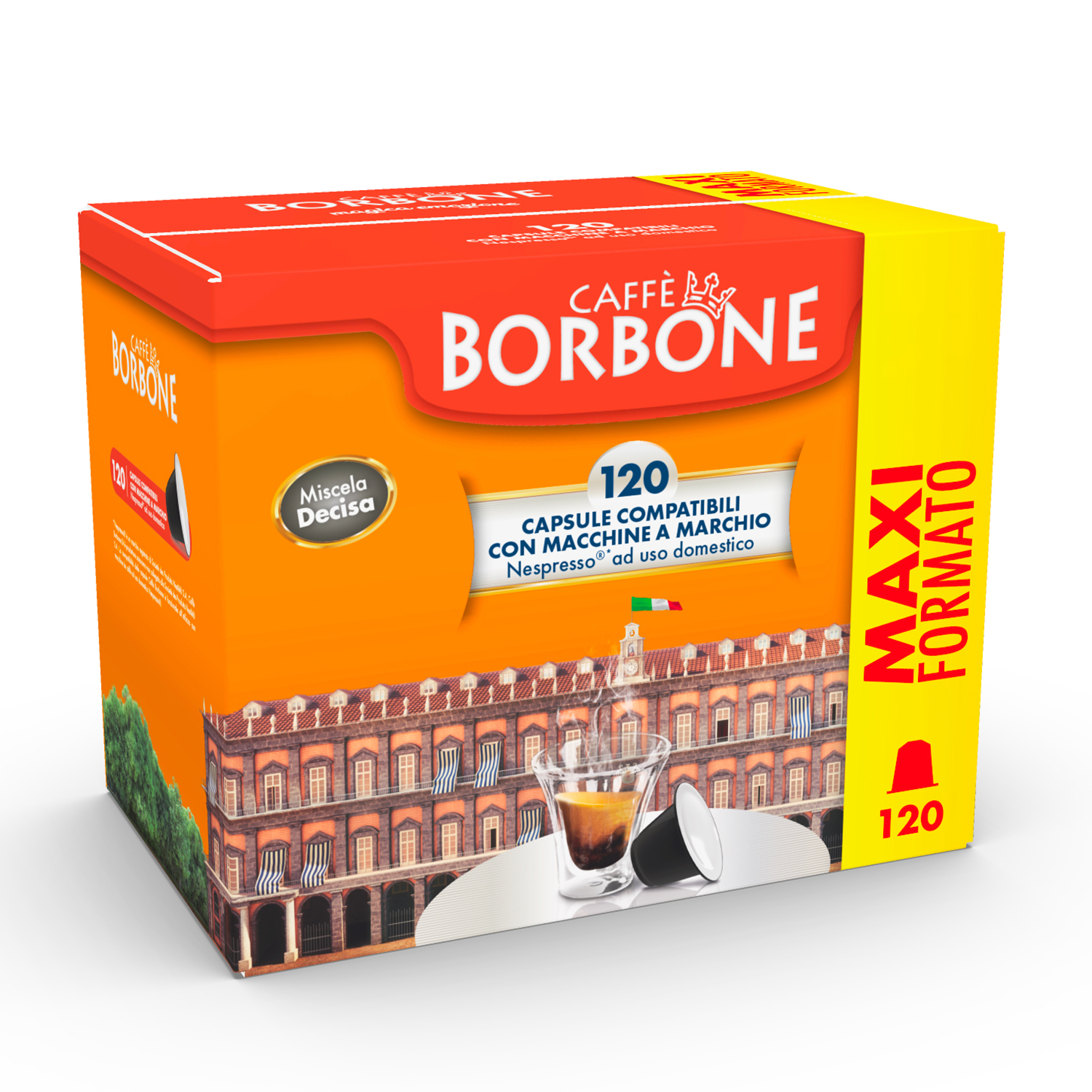 Una scatola di caffè Borbone arancione con 120 capsule. Uno shot di espresso davanti. Lo sfondo raffigura un edificio.