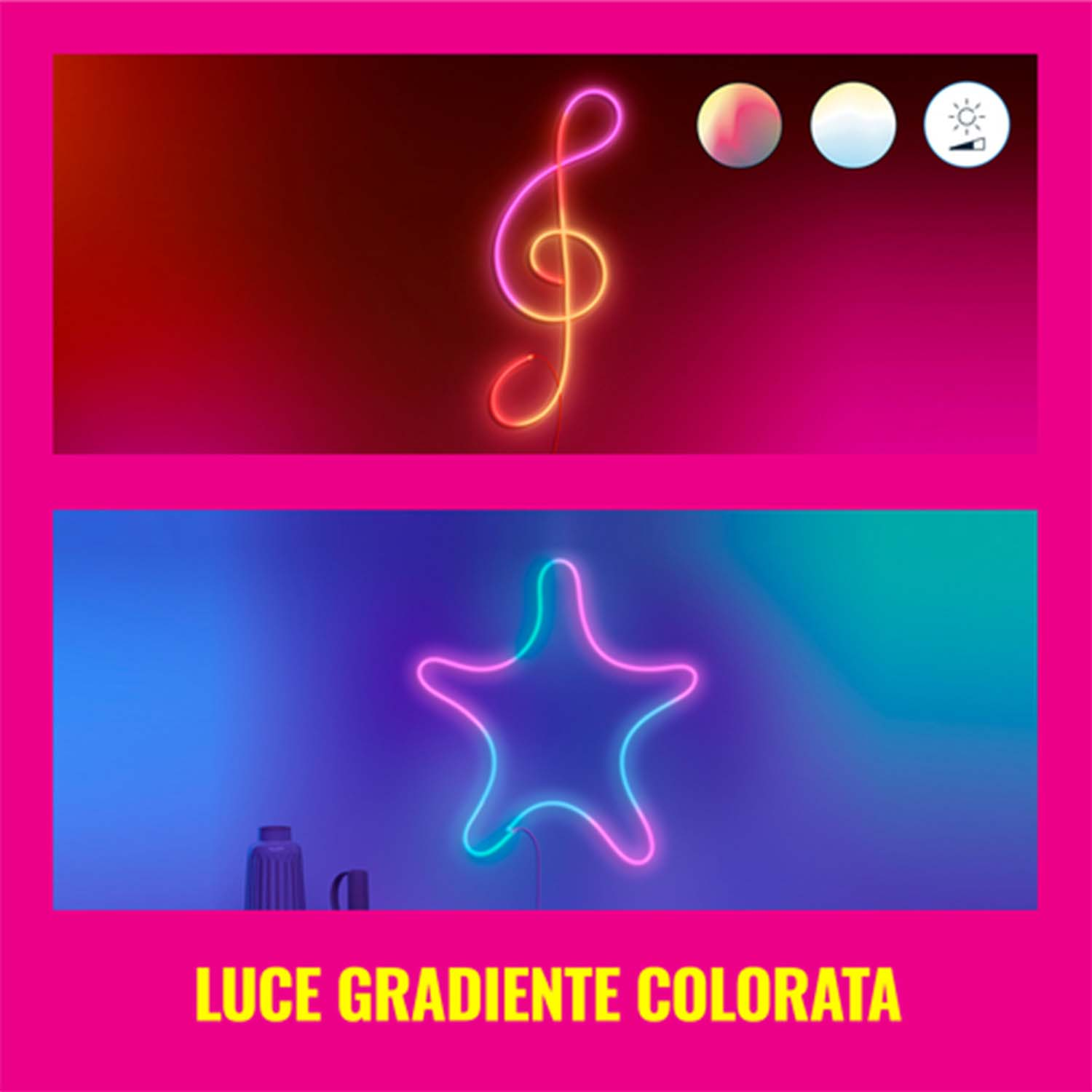 Afbeelding toont een G-sleutel en een ster van neonlicht. Het toont ook drie bedieningsknoppen. De tekst luidt: Gekleurd verlooplicht.