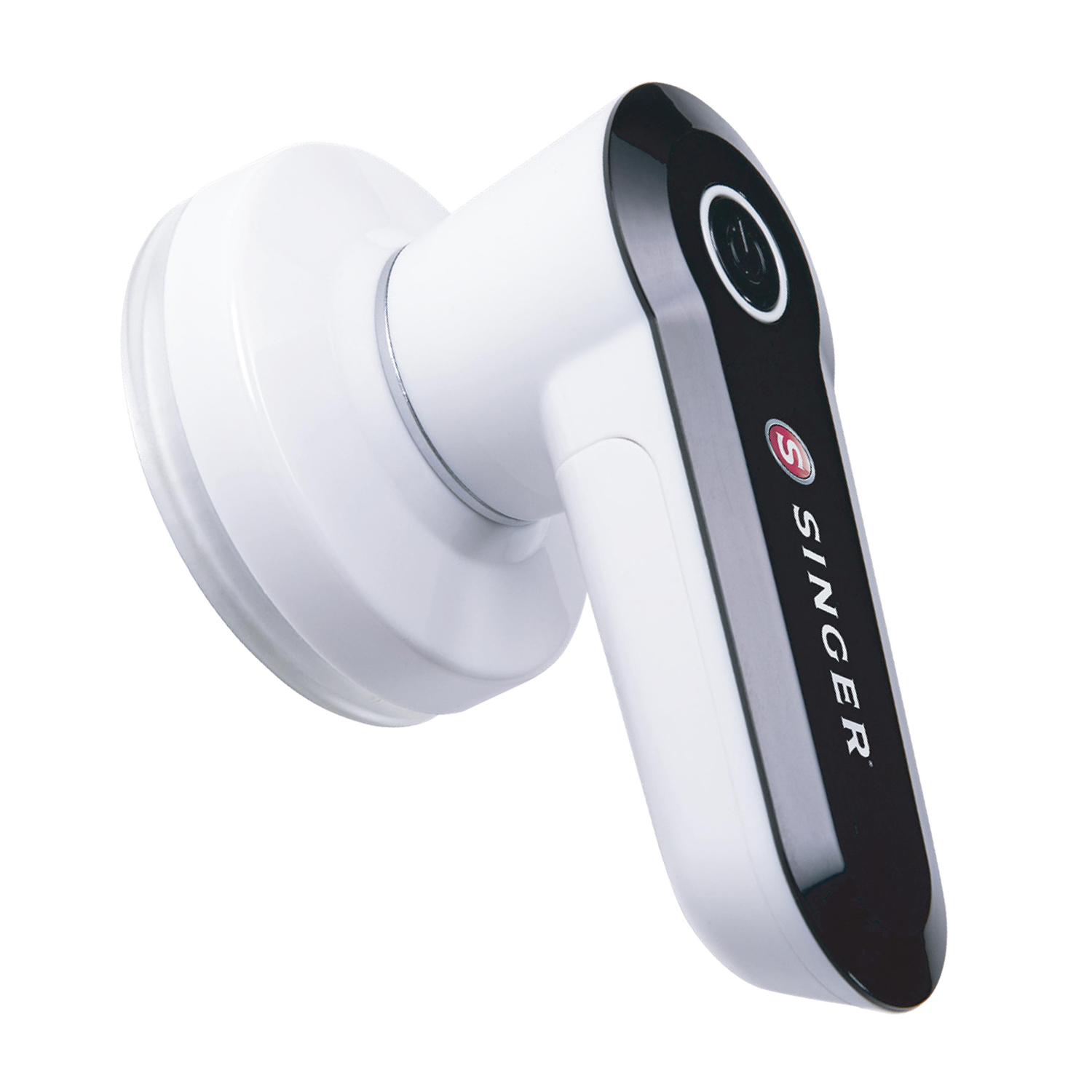 Biało-czarna golarka do tkanin Singer. Ma okrągłą głowicę i uchwyt z przyciskiem zasilania i logo Singer.