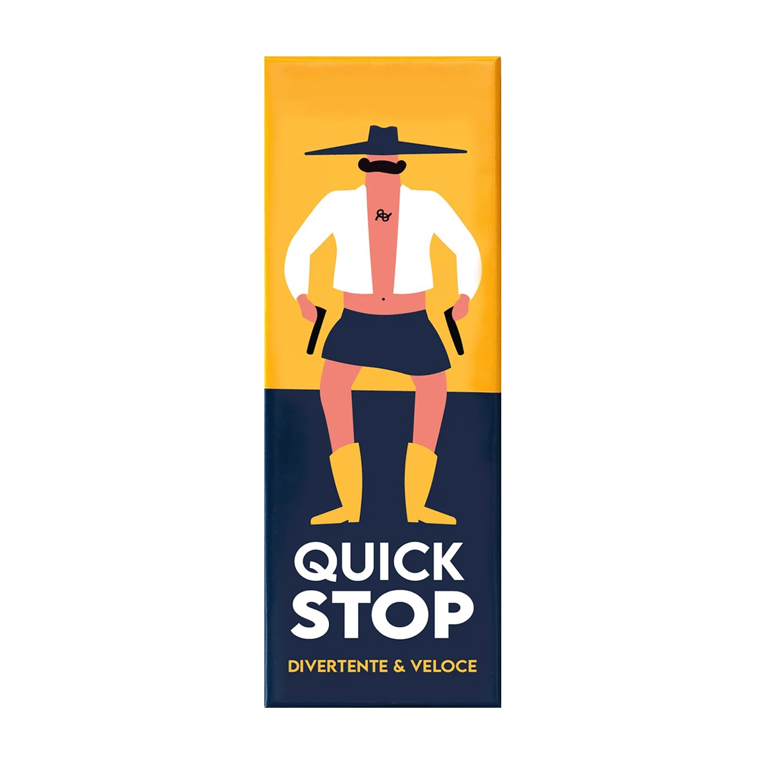 Illustrazione di un uomo con i baffi, cappello, camicia bianca e gonna, con pistole. Testo: "Quick Stop" e "Divertente & Veloce".