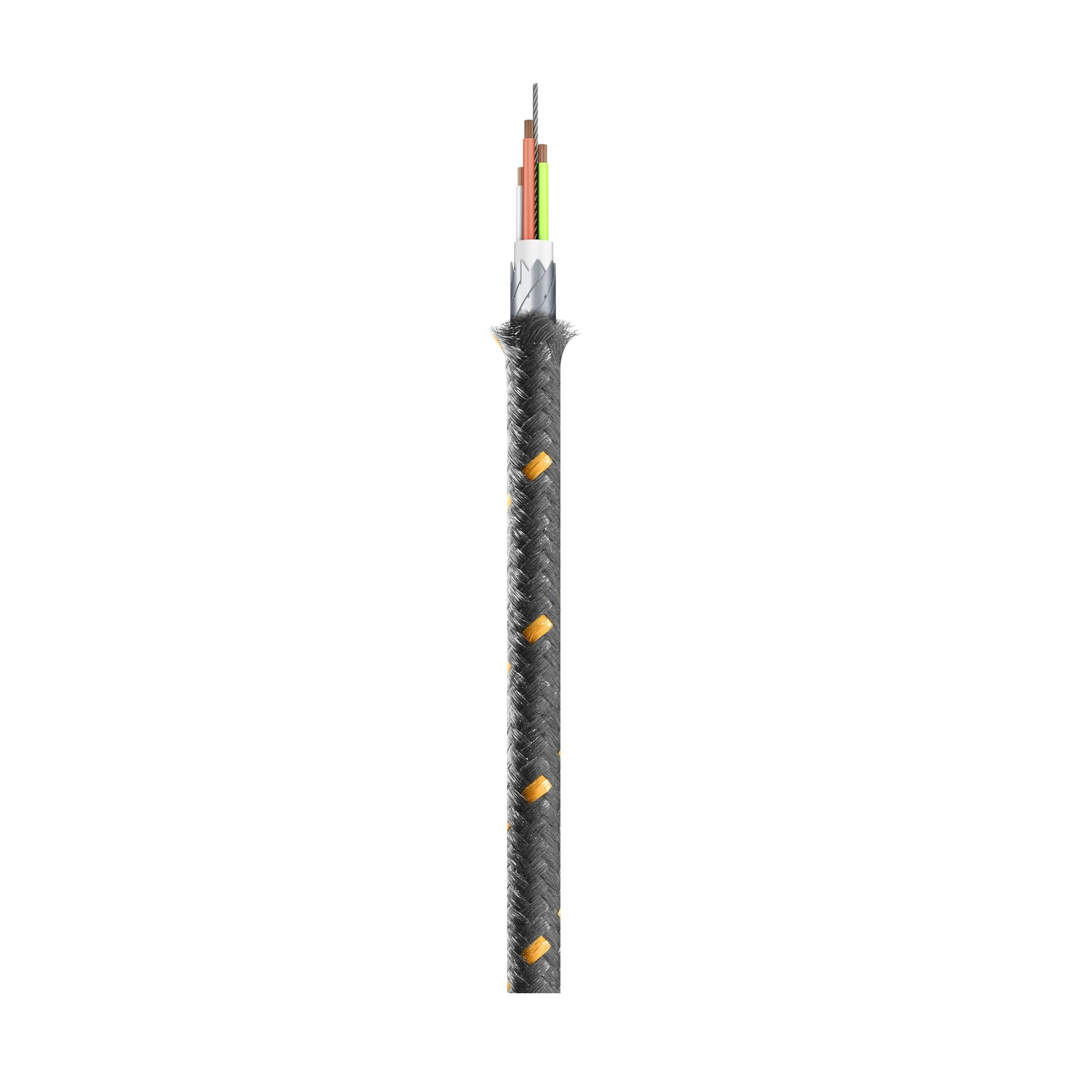 Kabel mit mehreren Innenleitungen. Die äußere Schicht ist schwarz mit gelben Akzenten. Die Drähte sind rot, grün und weiß. Der Hintergrund ist weiß.