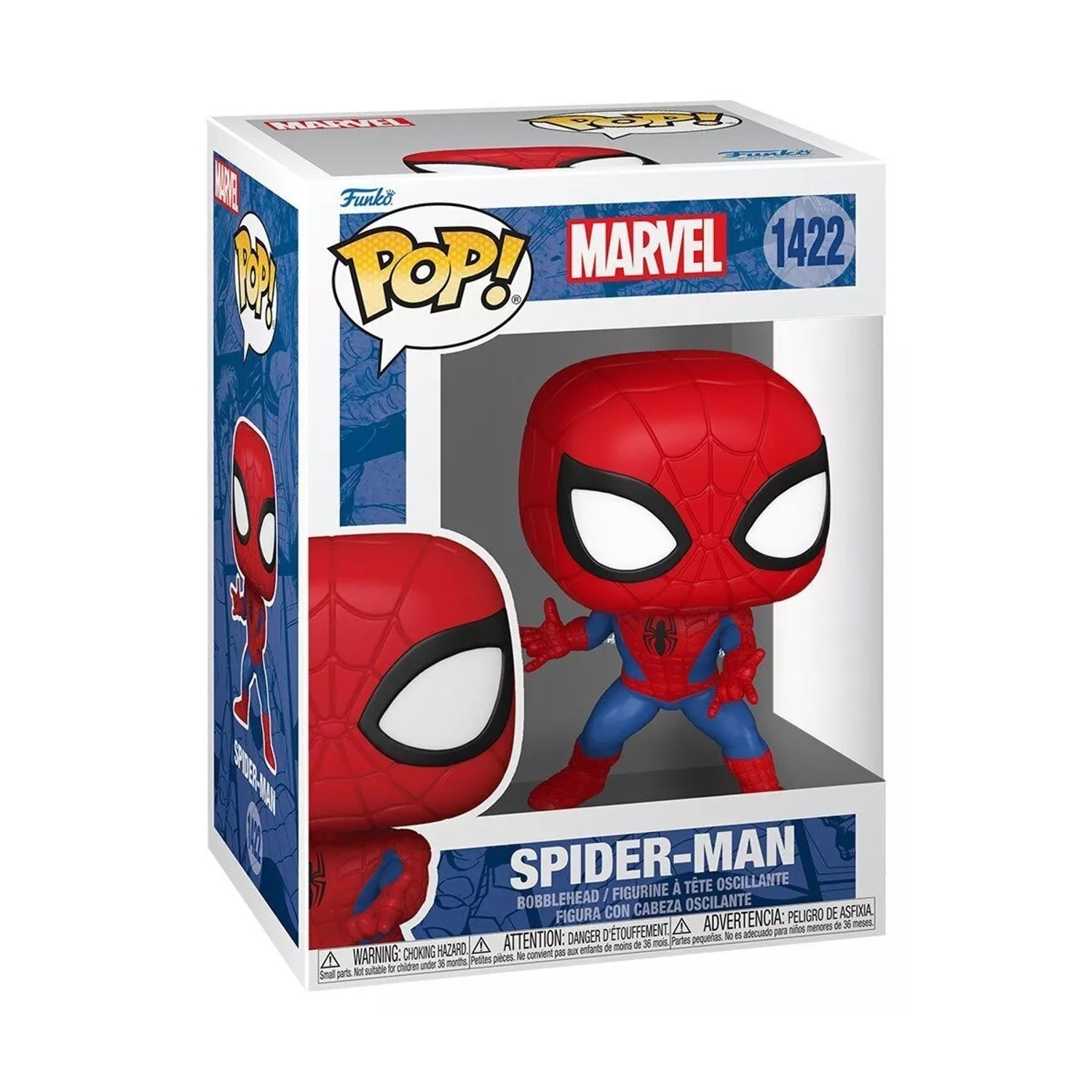 Una figura de Funko Pop de Spider-Man en una caja. La figura es roja y azul. La caja tiene los logotipos de Marvel y Funko Pop.