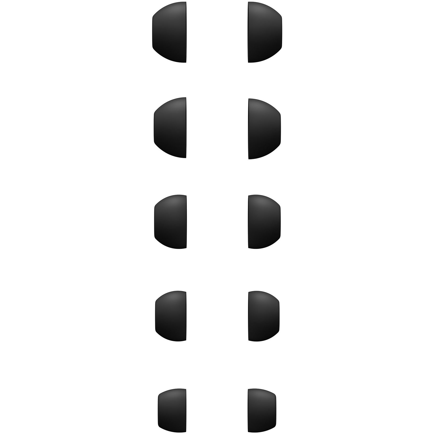 Composizione verticale su sfondo bianco. Sei coppie di forme nere e arrotondate sono allineate verticalmente.