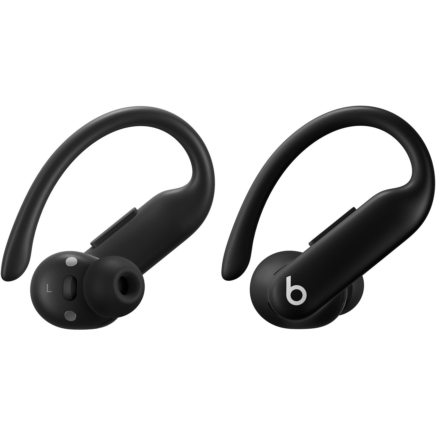 Due auricolari wireless neri con ganci auricolari curvi. Uno mostra una 'L', l'altro un logo 'b'.