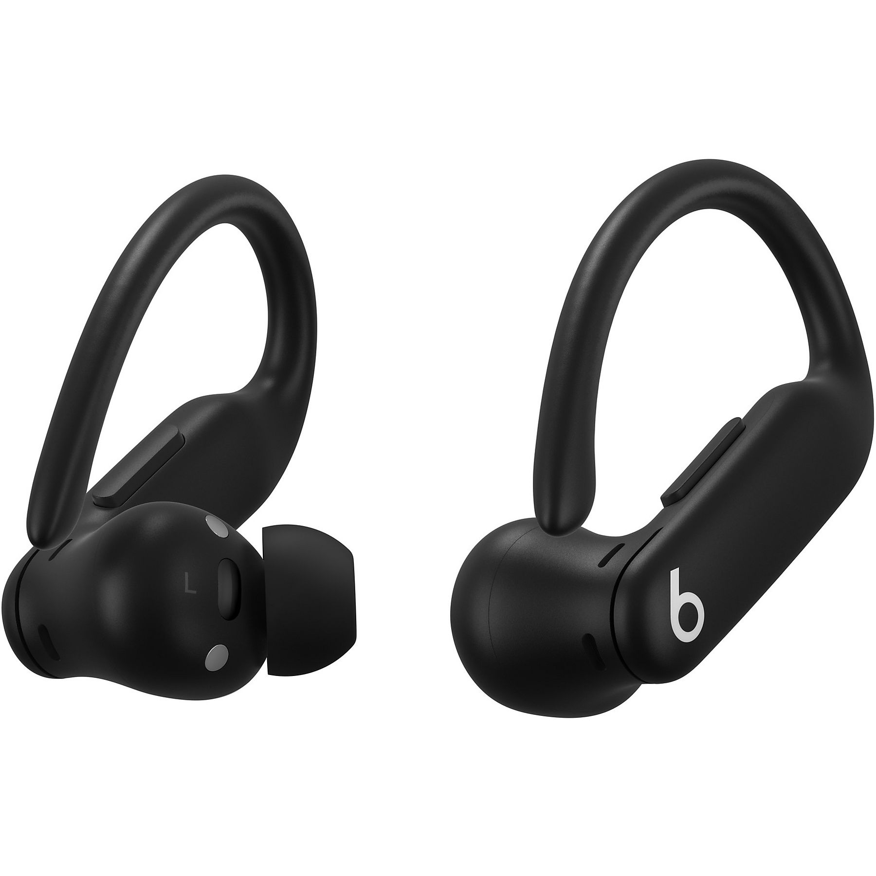 Sono mostrate due cuffie Powerbeats Pro nere. Una è contrassegnata con 'L'. L'altra ha il logo 'b'.