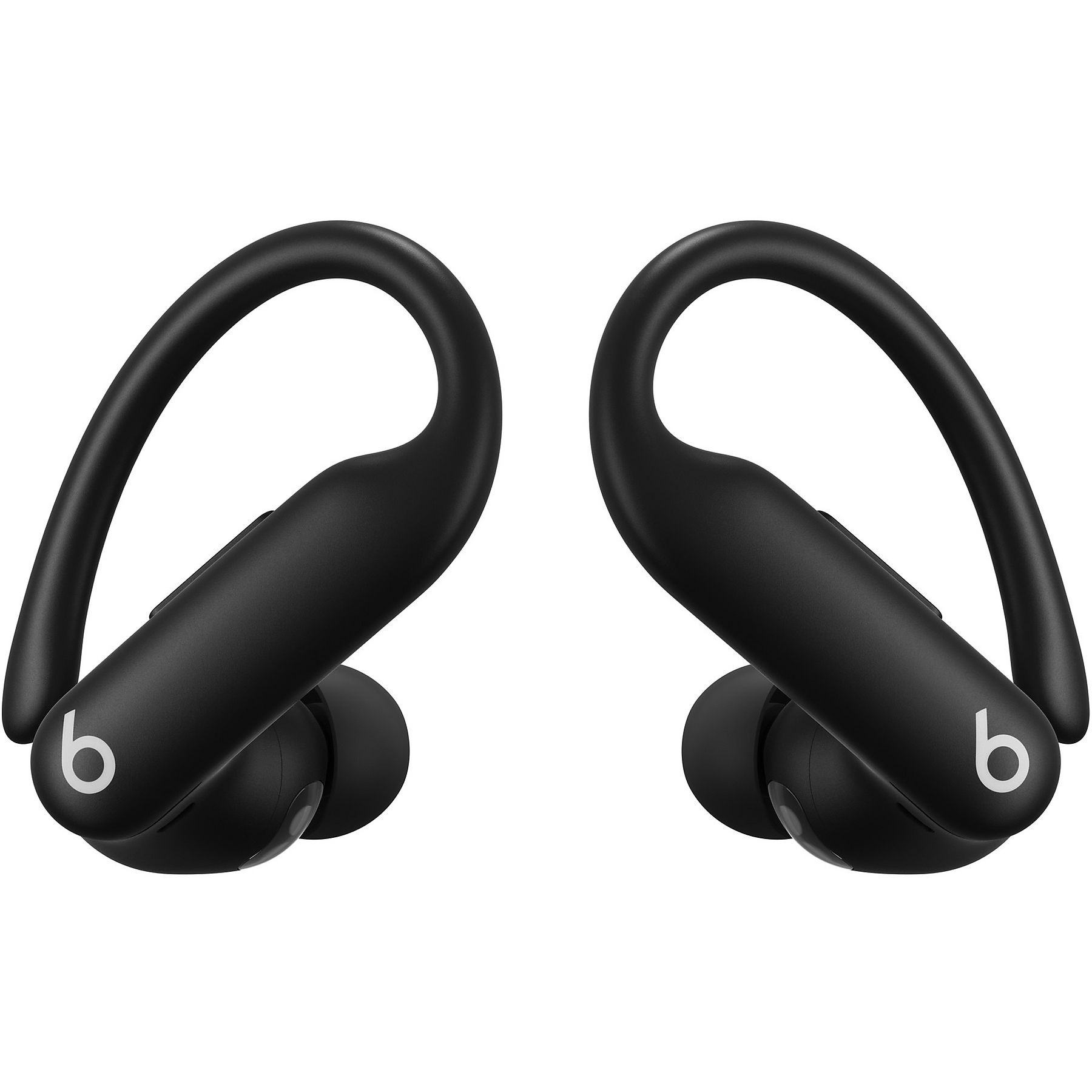 Due auricolari Beats Powerbeats Pro neri su sfondo bianco. Ognuno ha un anello e il logo Beats.