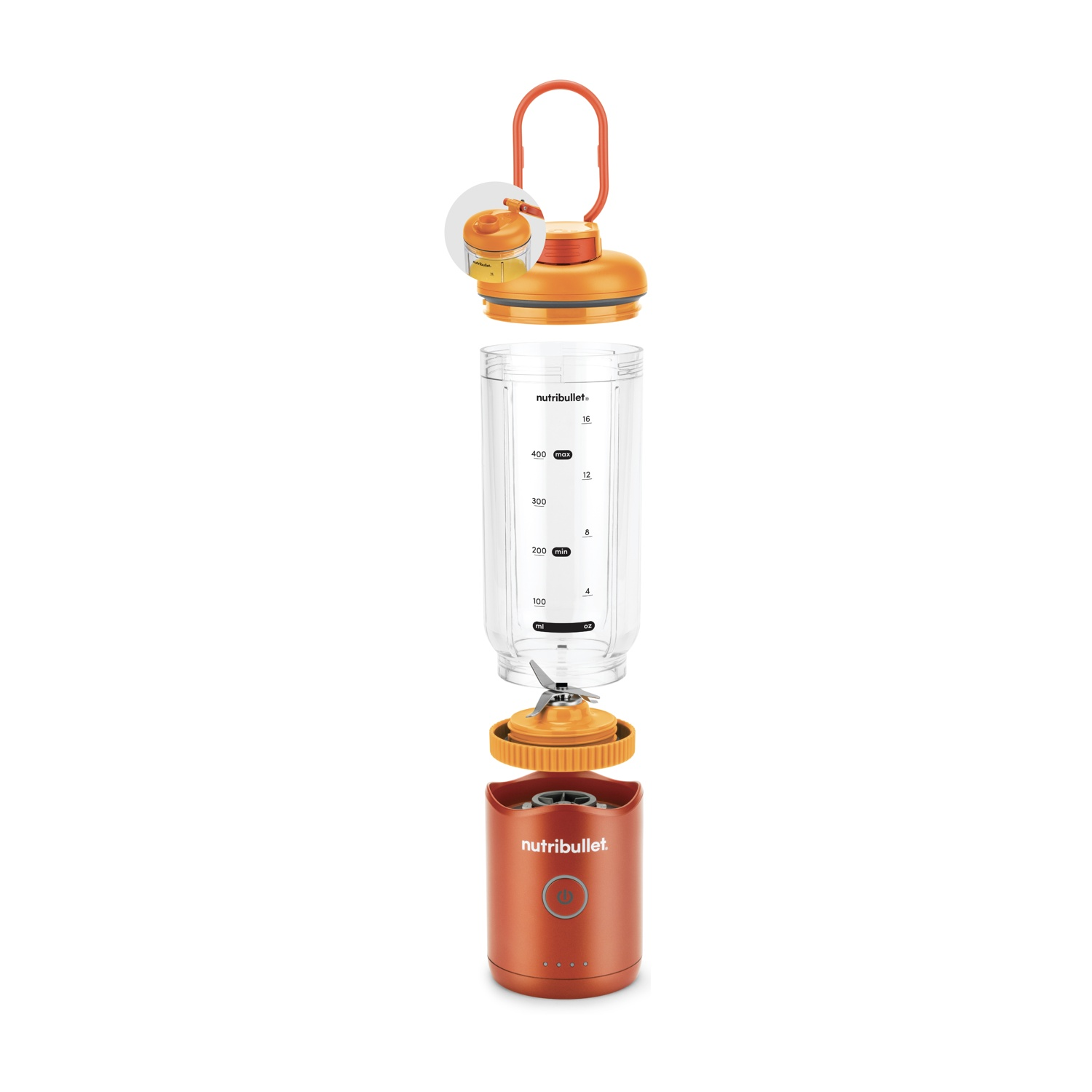 Explosionszeichnung eines Nutribullet-Mixers. Es zeigt die Teile: Deckel mit Griff, Becher, Klingenbaugruppe und Motorbasis. Orange und klar.
