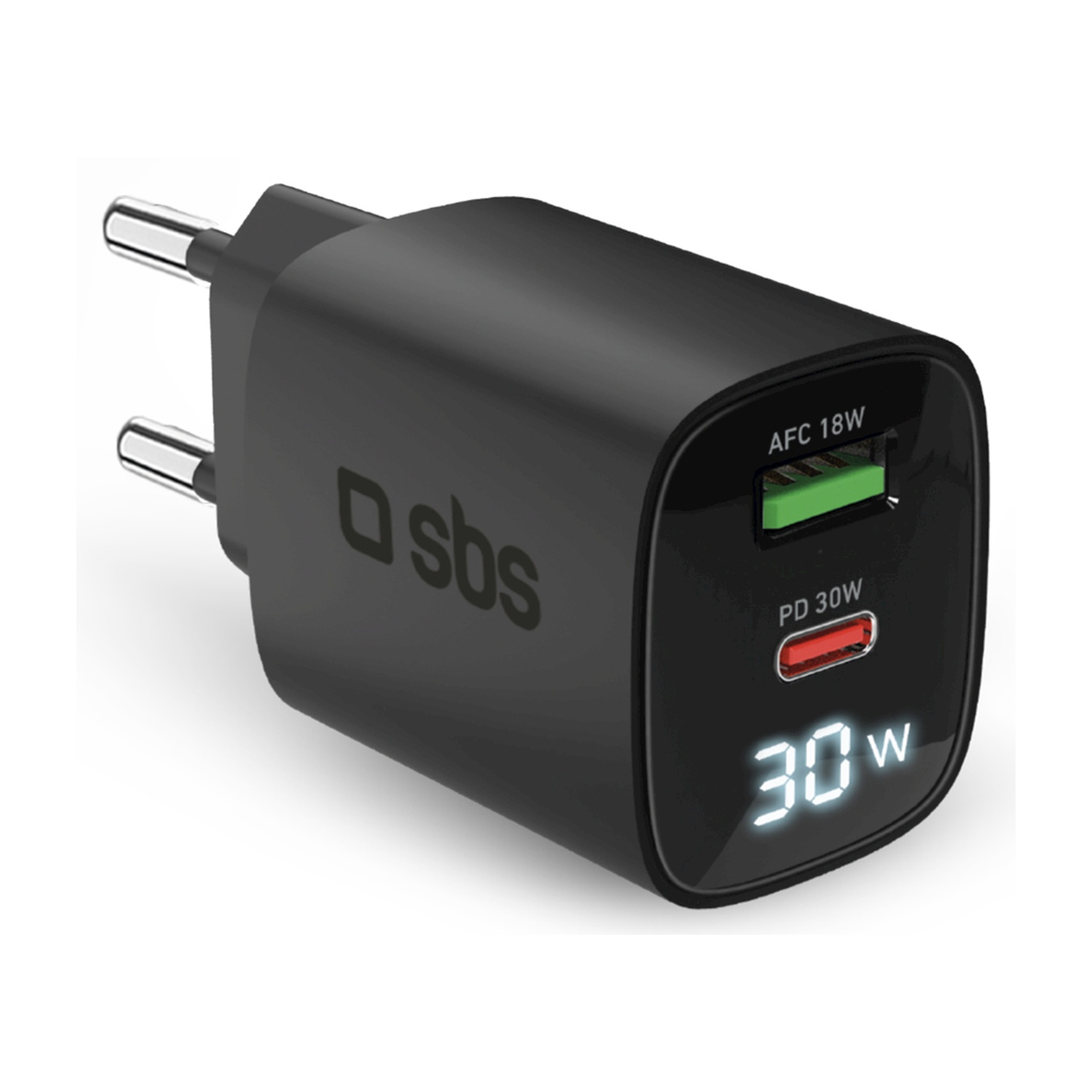 Un caricabatterie SBS nero con due spine. Ha una porta USB, etichettata AFC 18W, un'altra etichettata PD 30W e visualizza 30W.