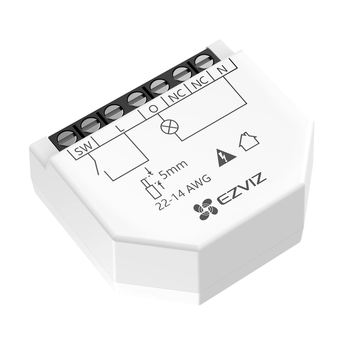 Un dispositivo doméstico inteligente EZVIZ blanco con terminales eléctricos, etiquetas y diagramas de cableado. Detalles incluyen SW, L, NC, N y calibre de cable.