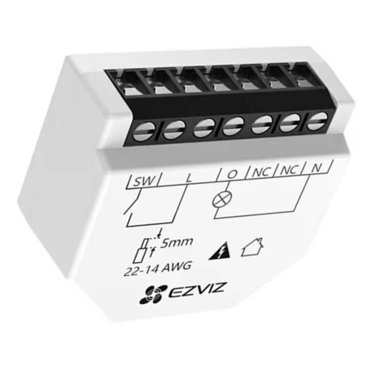 Un dispositivo electrónico EZVIZ blanco y negro. Tiene terminales de conexión, diagramas y etiquetas de texto como 'SW', 'L' y 'N'.