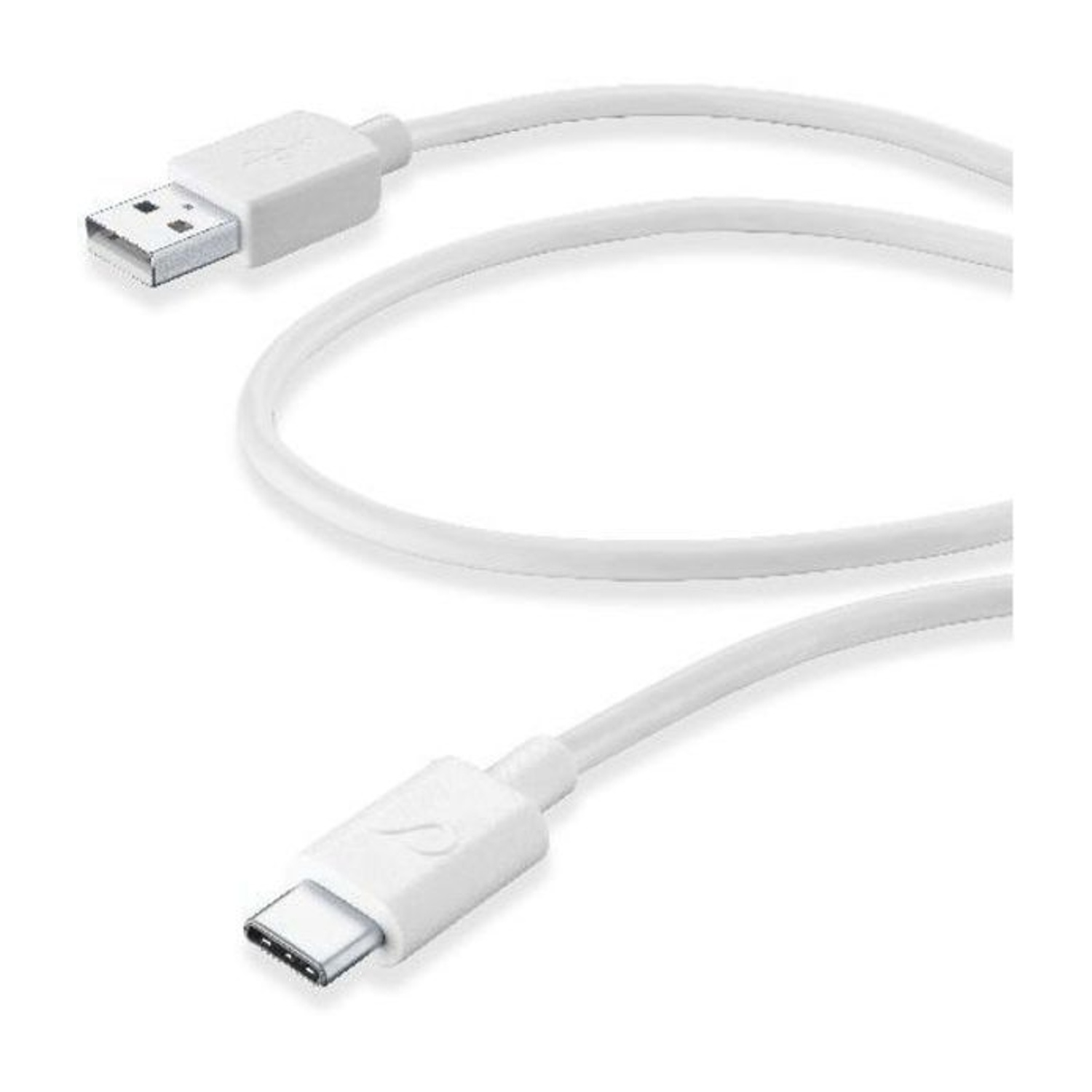 Cavo da USB-C a USB-A bianco. Connettore USB-A in alto a sinistra, USB-C in basso. Cavo su sfondo bianco.
