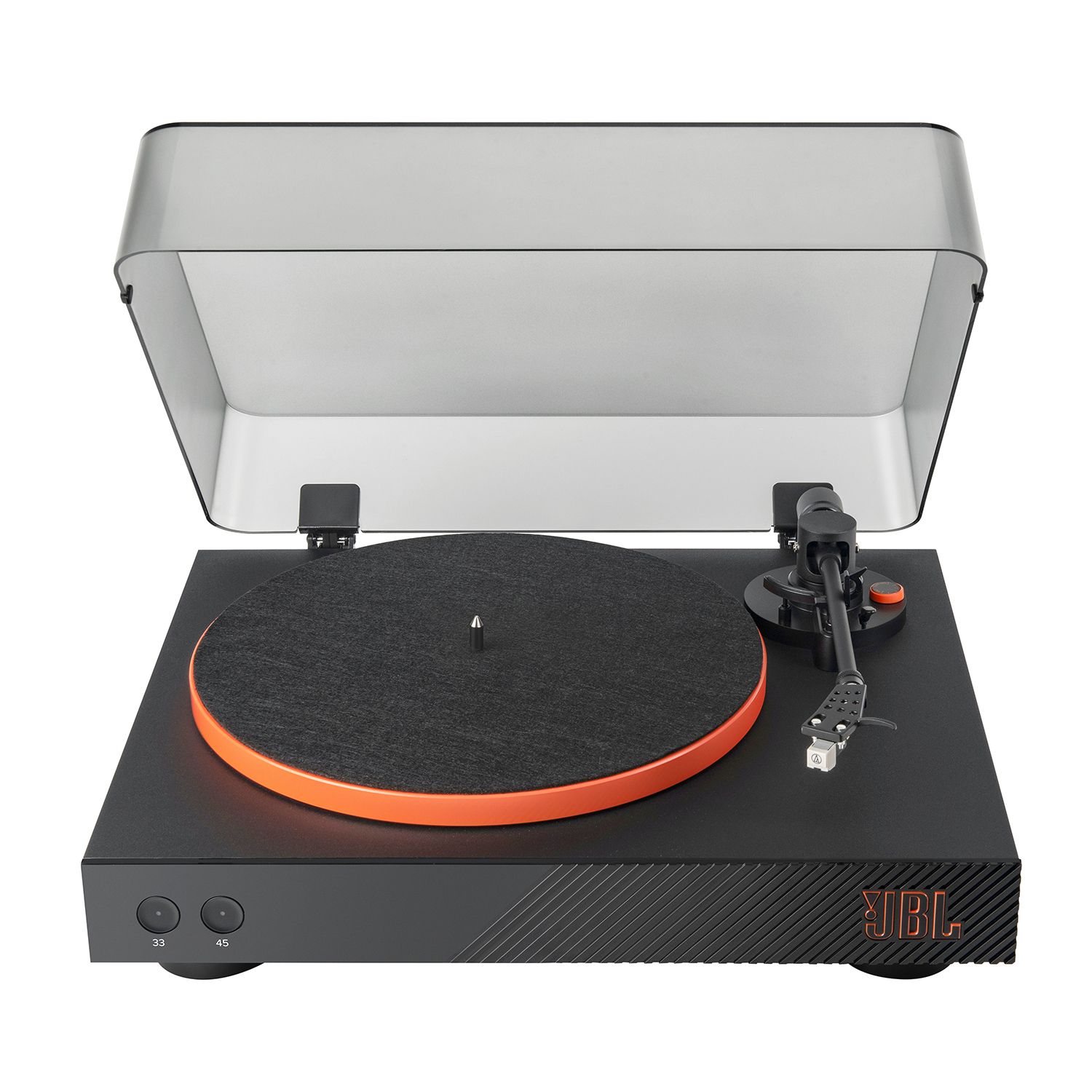 A black JBL turntable with an orange accent on the platter. A clear cover is open. Numbers 33 and 45 are on the front.