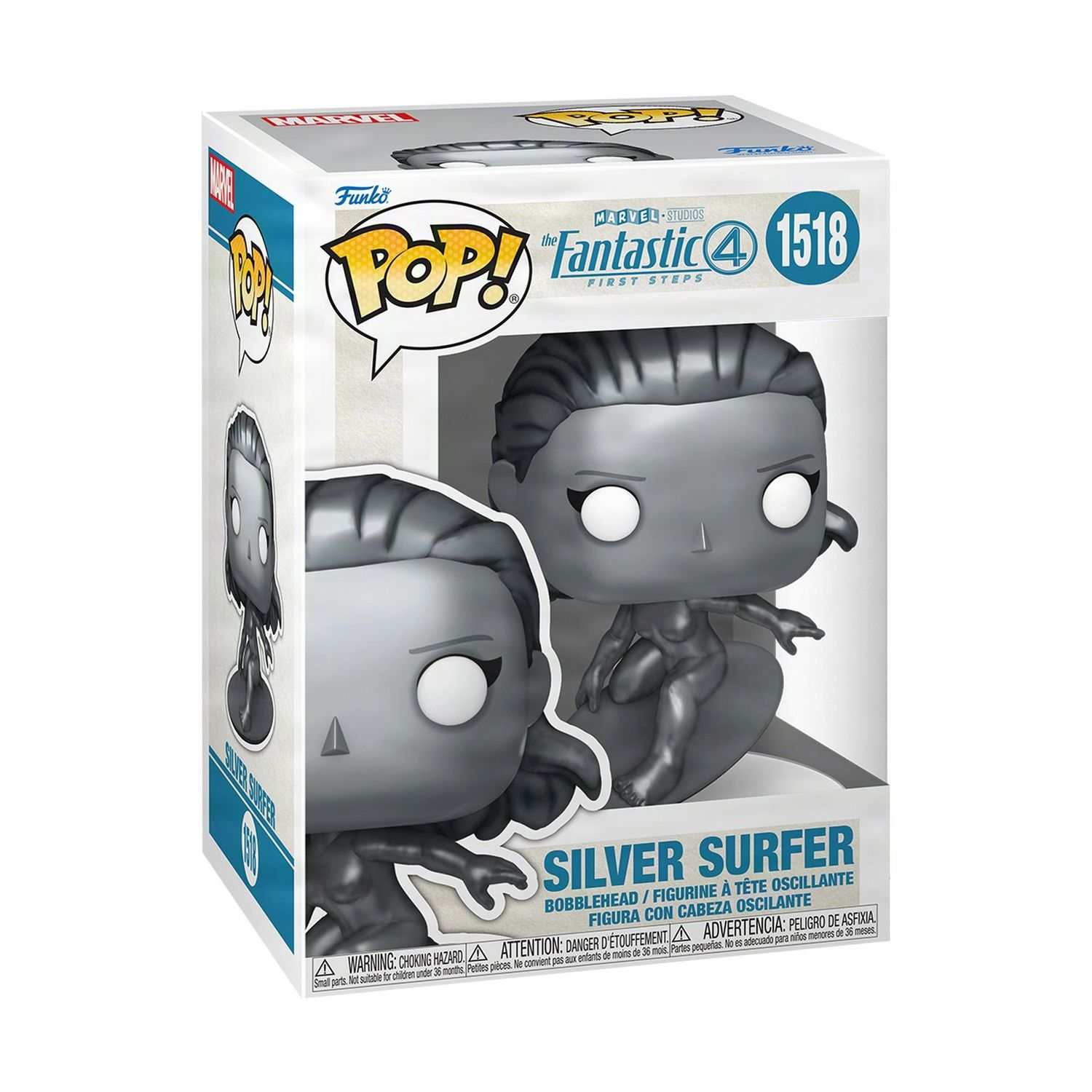 Pudełko Funko Pop z Silver Surferem. Figurka jest szara, z kołyszącą się głową. Pudełko ma markę Marvel i Fantastic Four.