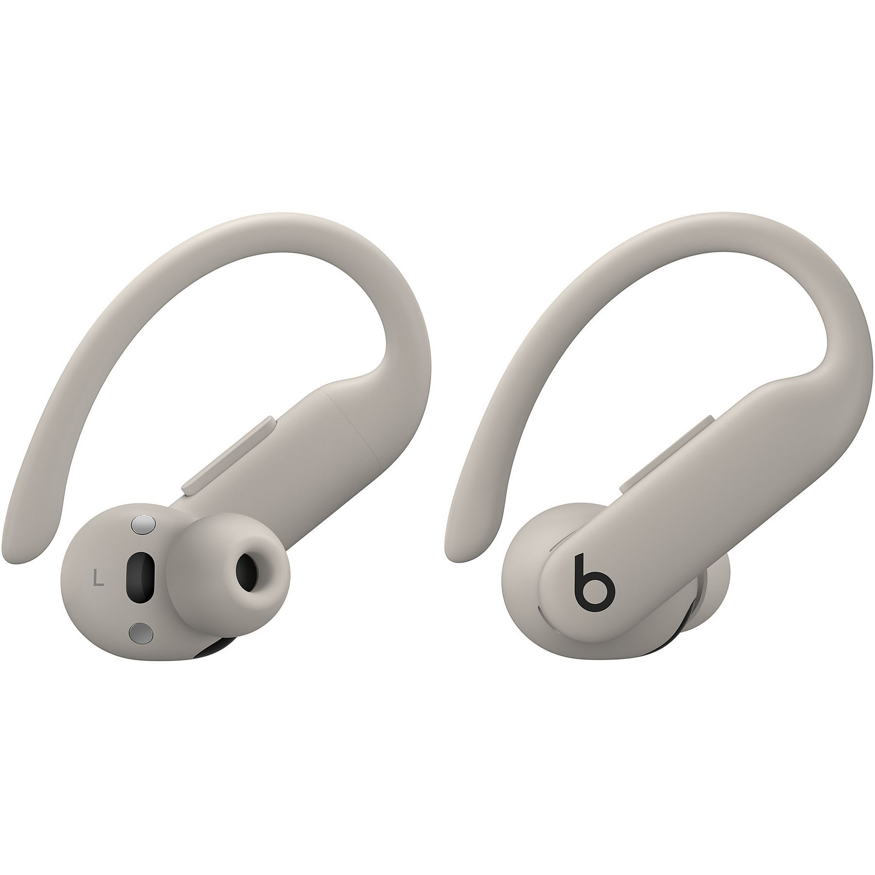 Due auricolari wireless grigi con ganci per le orecchie. L'auricolare sinistro ha una 'L' e il destro un logo 'b'.