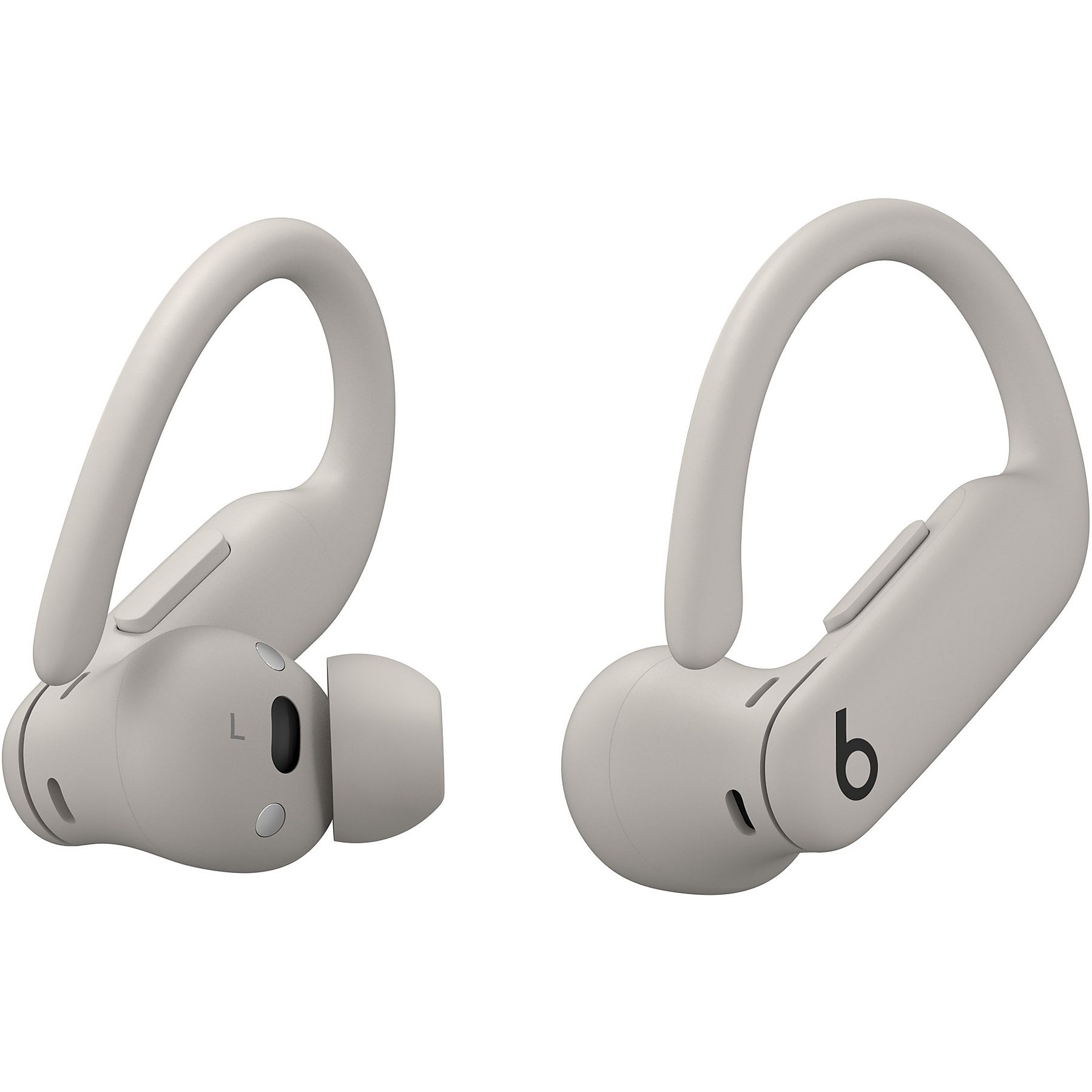 Due cuffie Beats wireless grigie. Ognuna ha un gancio per l'orecchio curvo e un auricolare. Sfondo bianco.