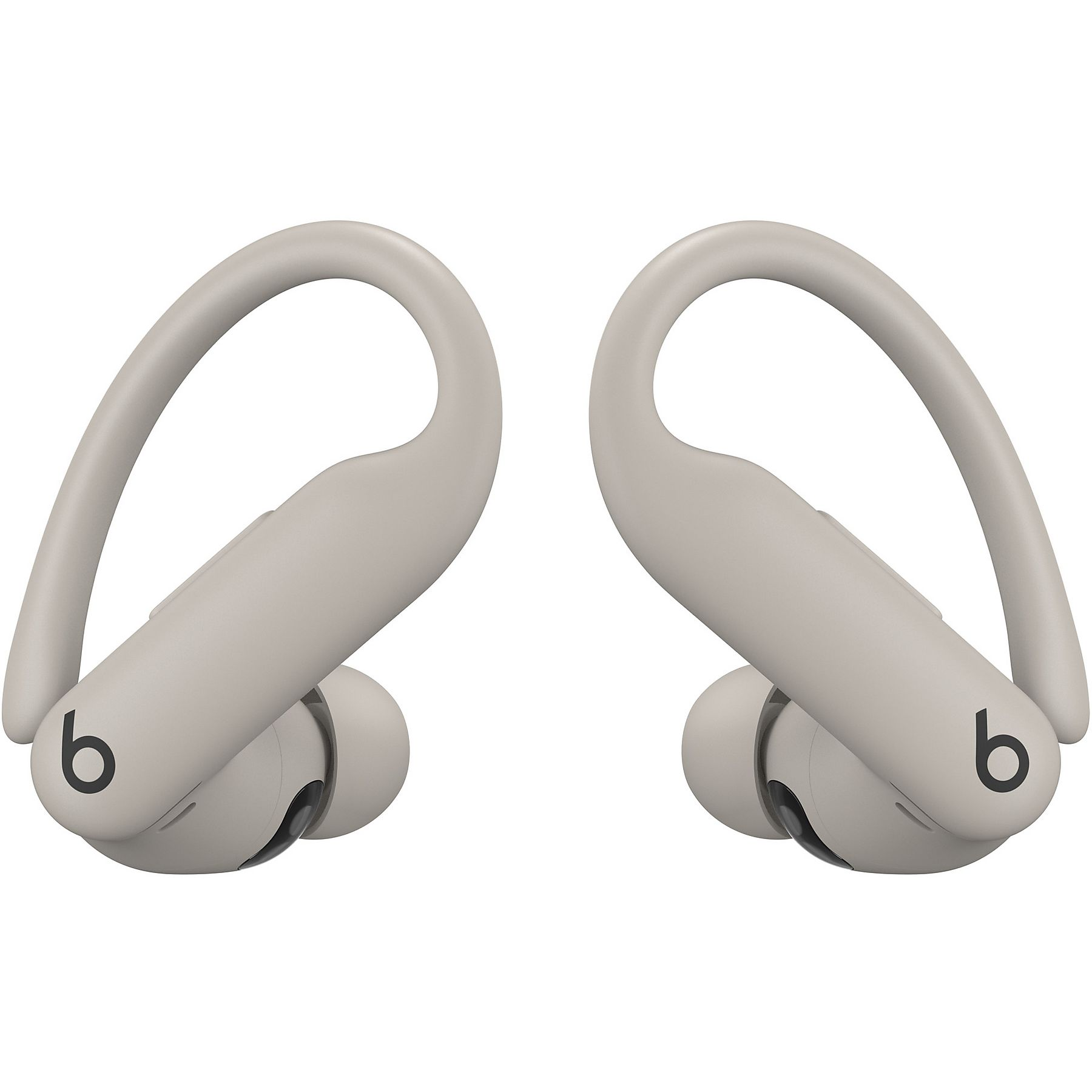 Due auricolari wireless grigi con loghi 'b' neri, su sfondo bianco.