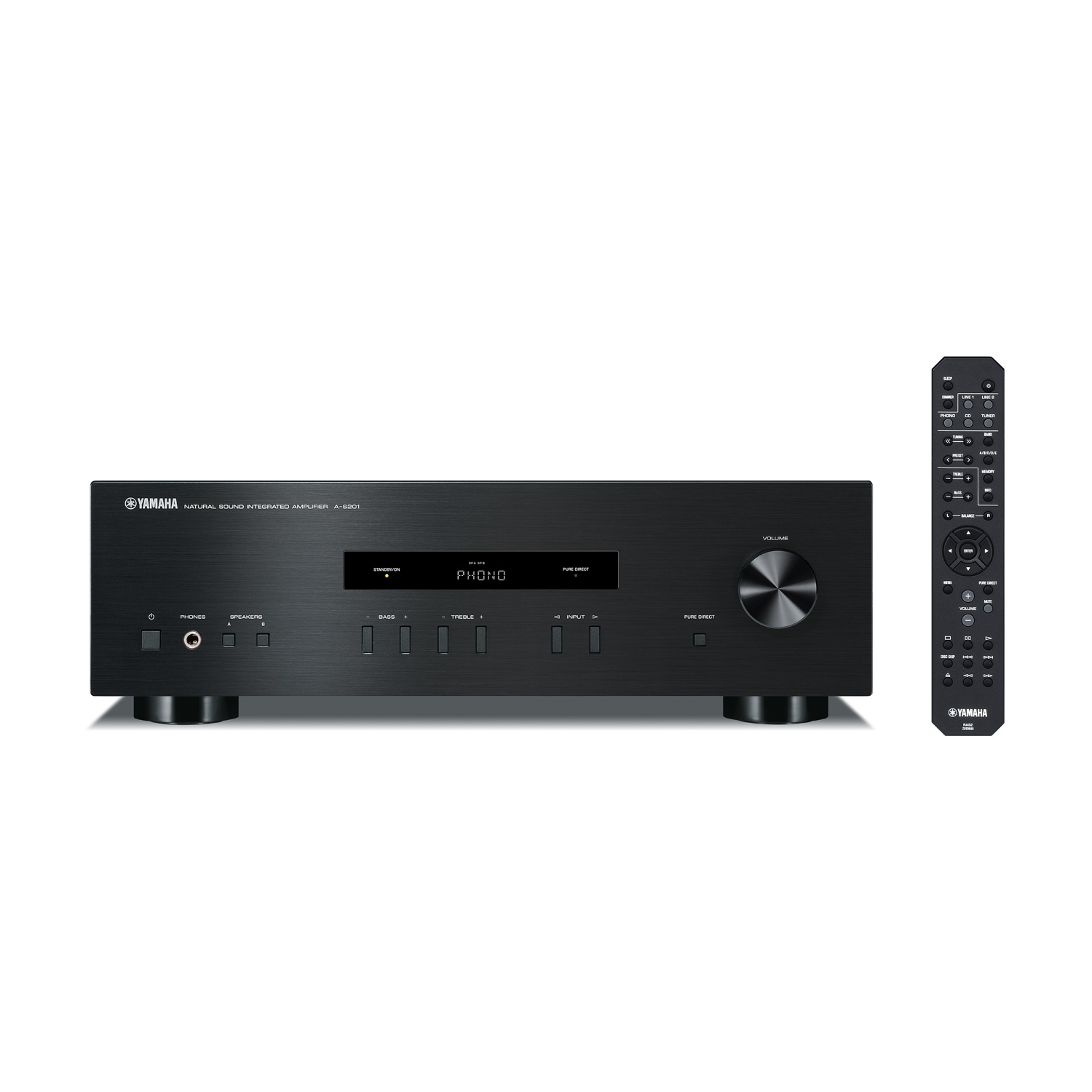 Un amplificatore Yamaha nero con telecomando, con manopola del volume e diversi pulsanti. La parola PHONO è visibile.