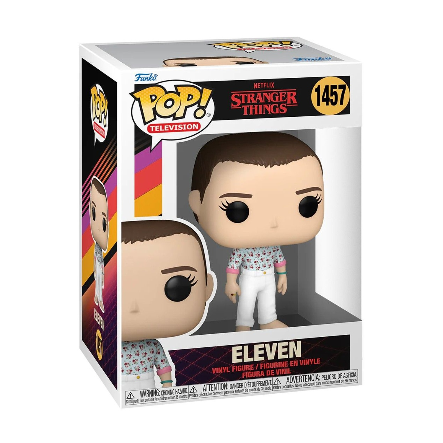 Eine Funko Pop-Box mit einer Elf-Figur aus Stranger Things. Die Figur hat kurzes Haar, ein Blumenhemd und eine weiße Hose.