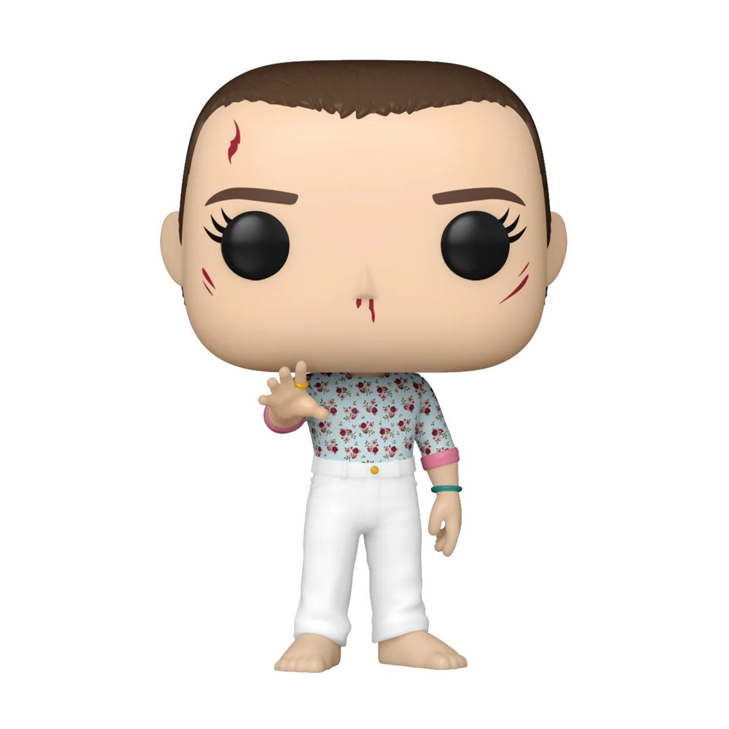 Eine Funko Pop Figur von Eleven aus Stranger Things. Sie trägt ein Blumenhemd, weiße Hose, Nasenbluten und eine Wunde am Kopf.