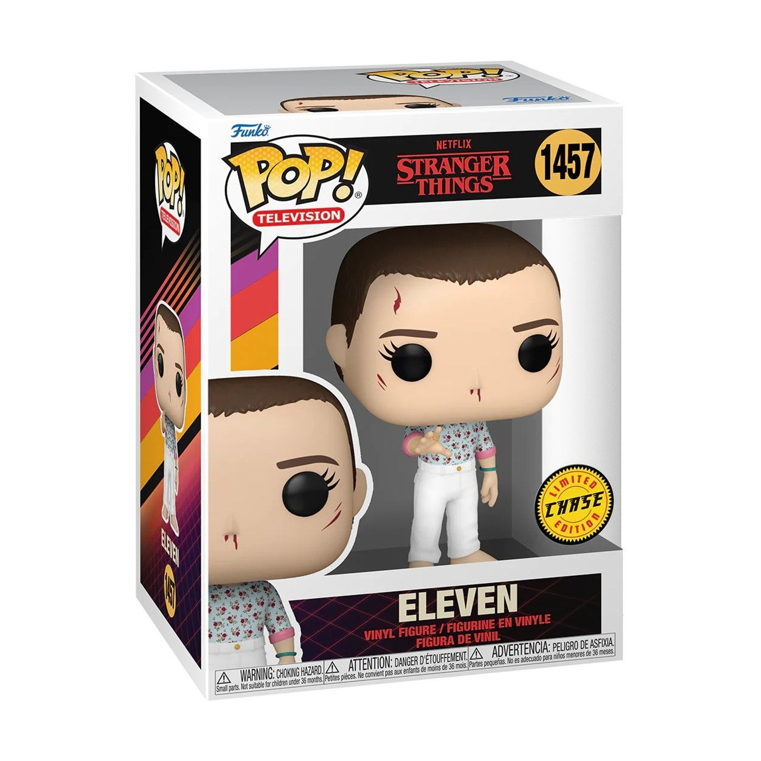 Eine Funko Pop-Box mit Eleven aus Stranger Things. Die Figur hat eine blutige Nase und ein geblümtes Hemd. Die Box hat ein Logo.