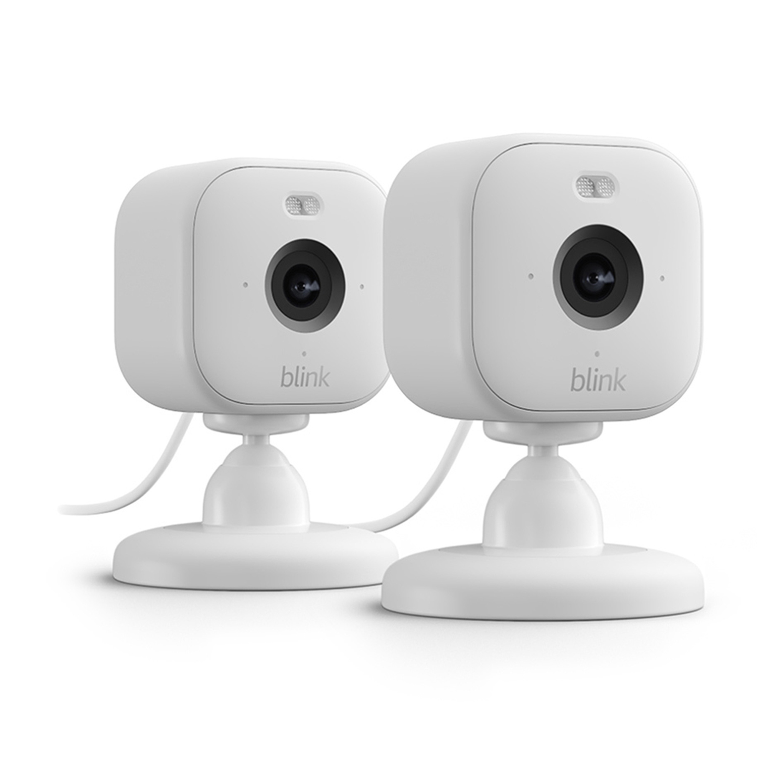 Zwei weiße 'Blink'-Überwachungskameras. Jede Kamera hat ein Objektiv, Kontrollleuchten und einen Sockel. Kabel verbinden sie.