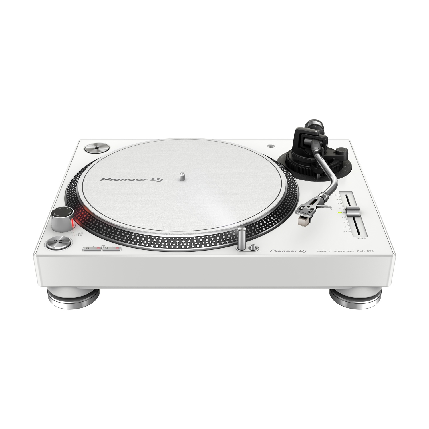 Ein weißer Pioneer DJ PLX-500 Plattenspieler steht auf einer weißen Oberfläche. Er hat einen schwarzen Tonarm und einen silbernen Teller mit schwarzen Details.