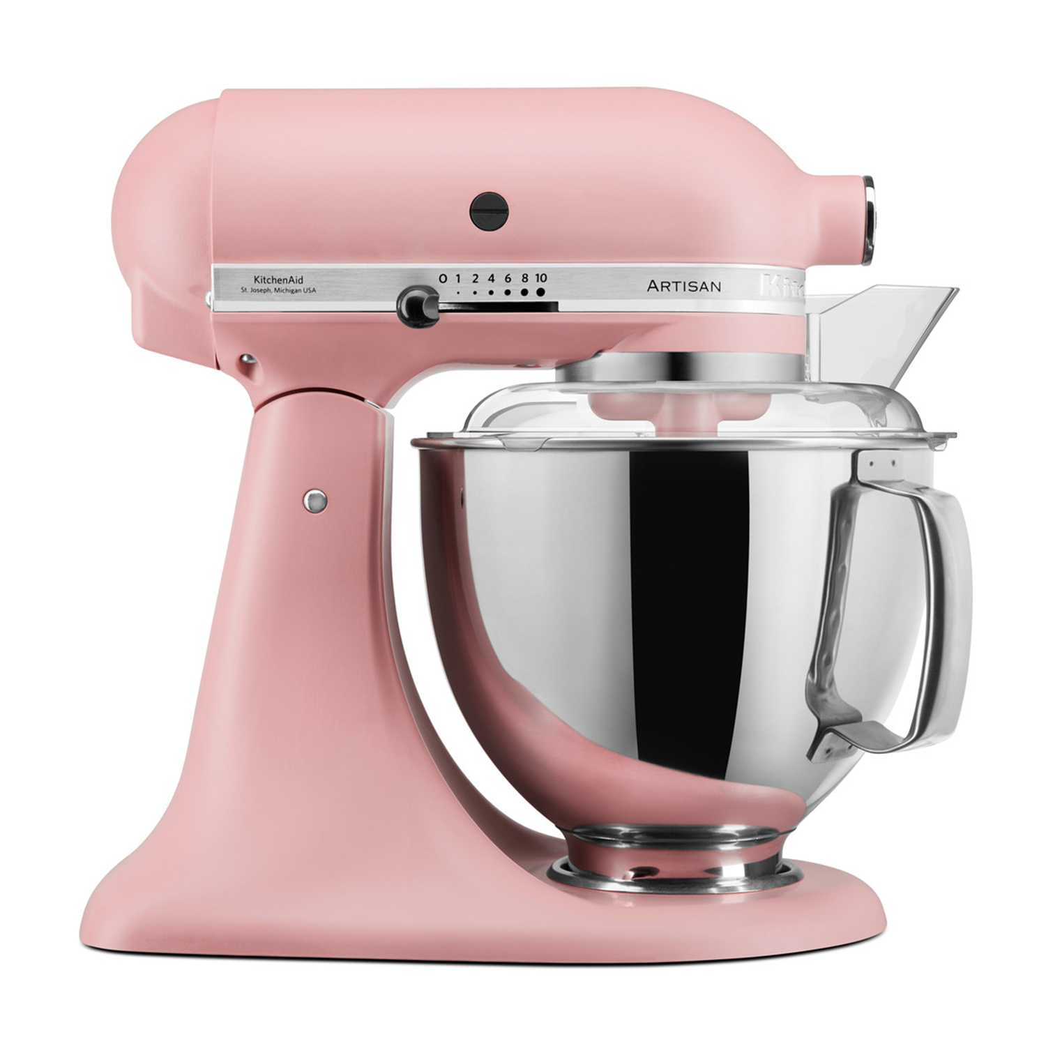A pink KitchenAid Artisan stand mixer. It has a stainless steel bowl and a clear plastic shield. The mixer is on a white background.
