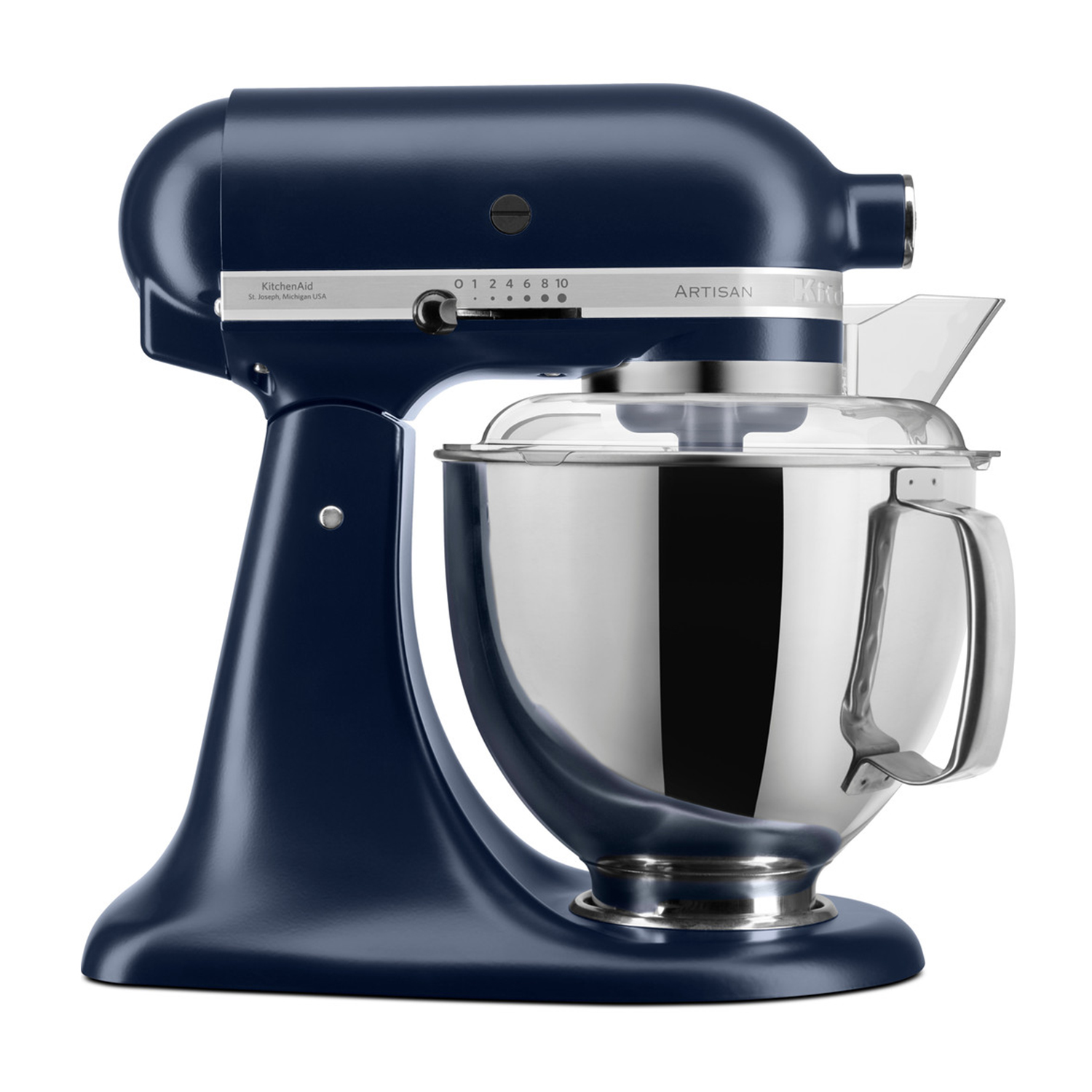 A navy KitchenAid Artisan stand mixer. It has a stainless steel bowl and a clear plastic shield. The base is also navy.