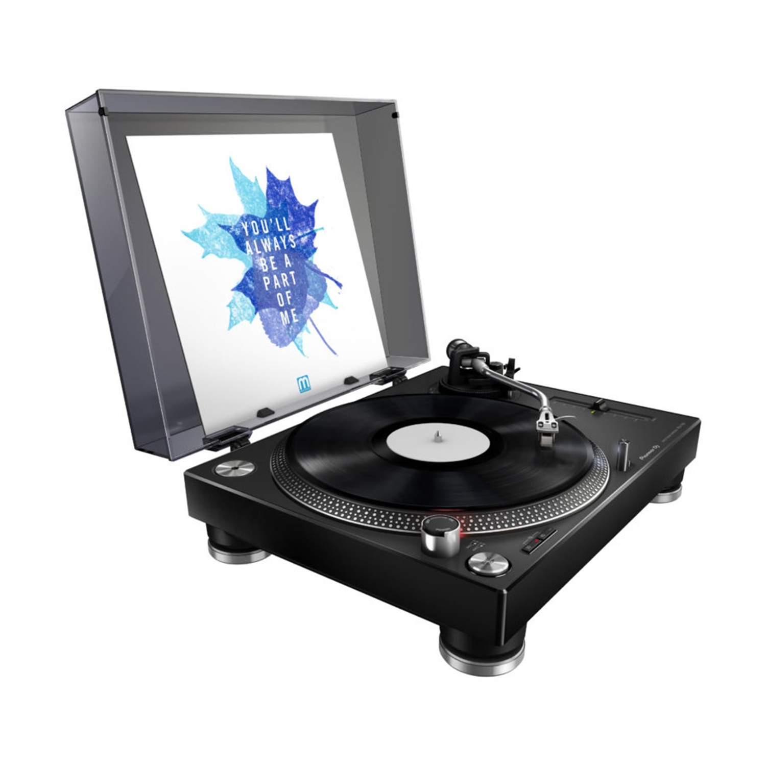 Schwarzer Plattenspieler mit Vinylplatte. Eine transparente Abdeckung ist geöffnet und zeigt Kunst mit blauen Blättern und Text. Isoliert auf Weiß.