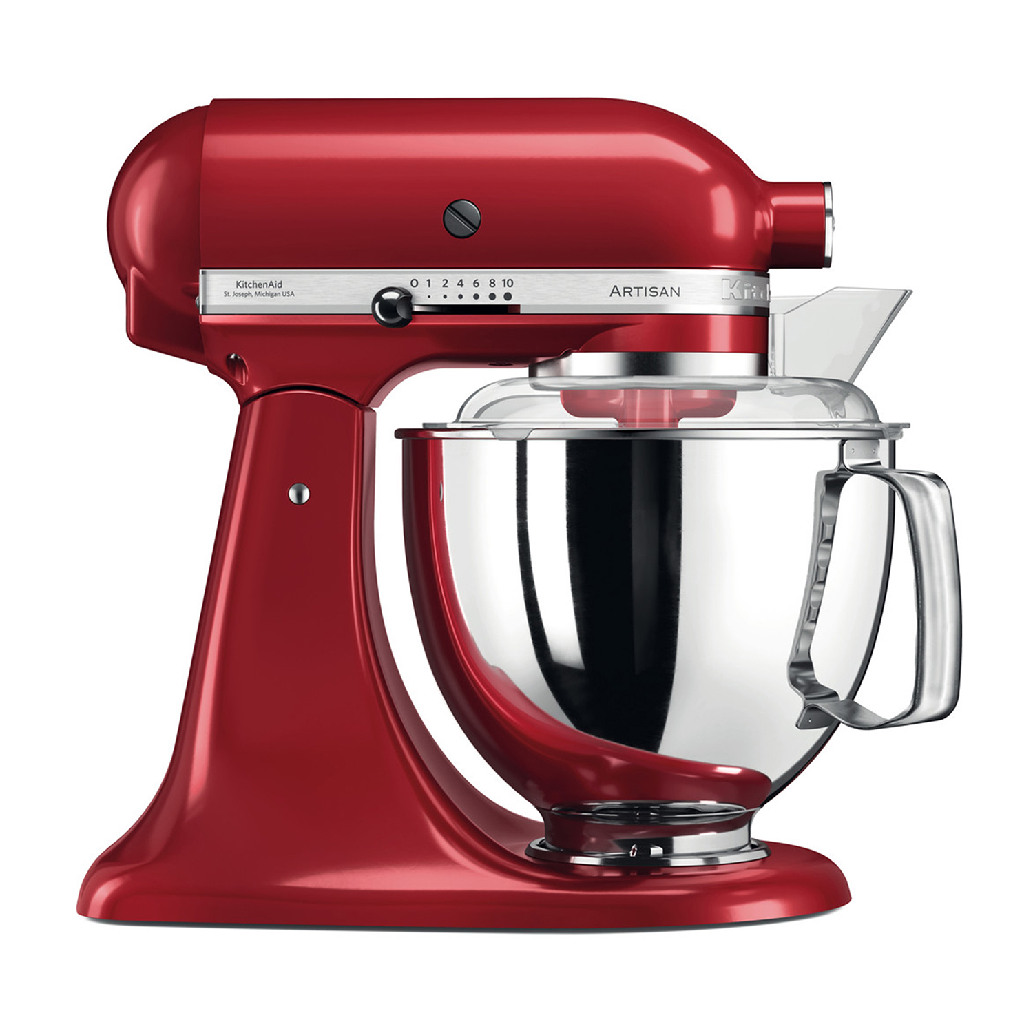 A red KitchenAid Artisan stand mixer. It has a stainless steel bowl with a clear plastic guard. The mixer is on a white background.
