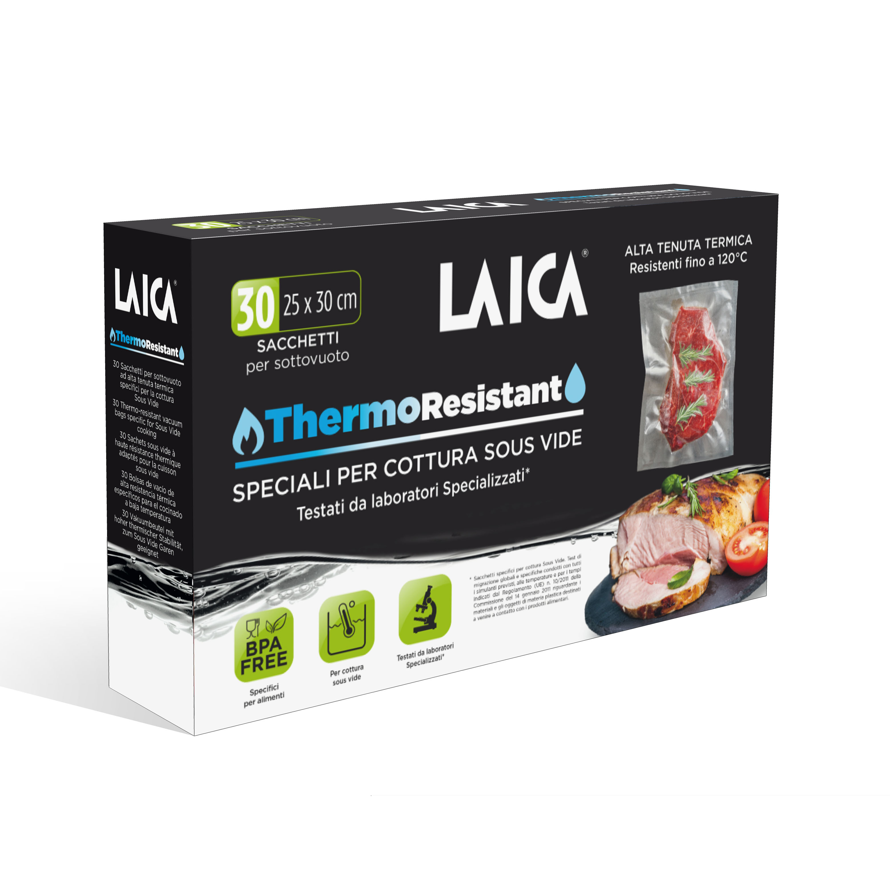 Schachtel mit LAICA ThermoResistant Sous-Vide-Beuteln. Enthält Fleisch und Gemüse. BPA-frei.