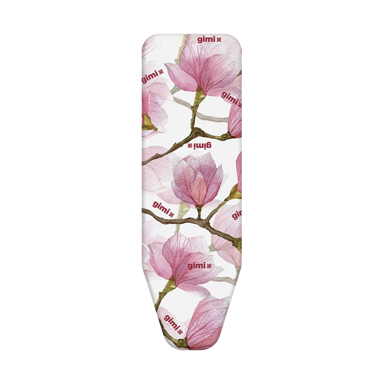 Ein Bügelbrett mit weißem Hintergrund. Es ist mit rosa Magnolienblüten und -zweigen verziert. Die Marke 'gimi' ist wiederholt.
