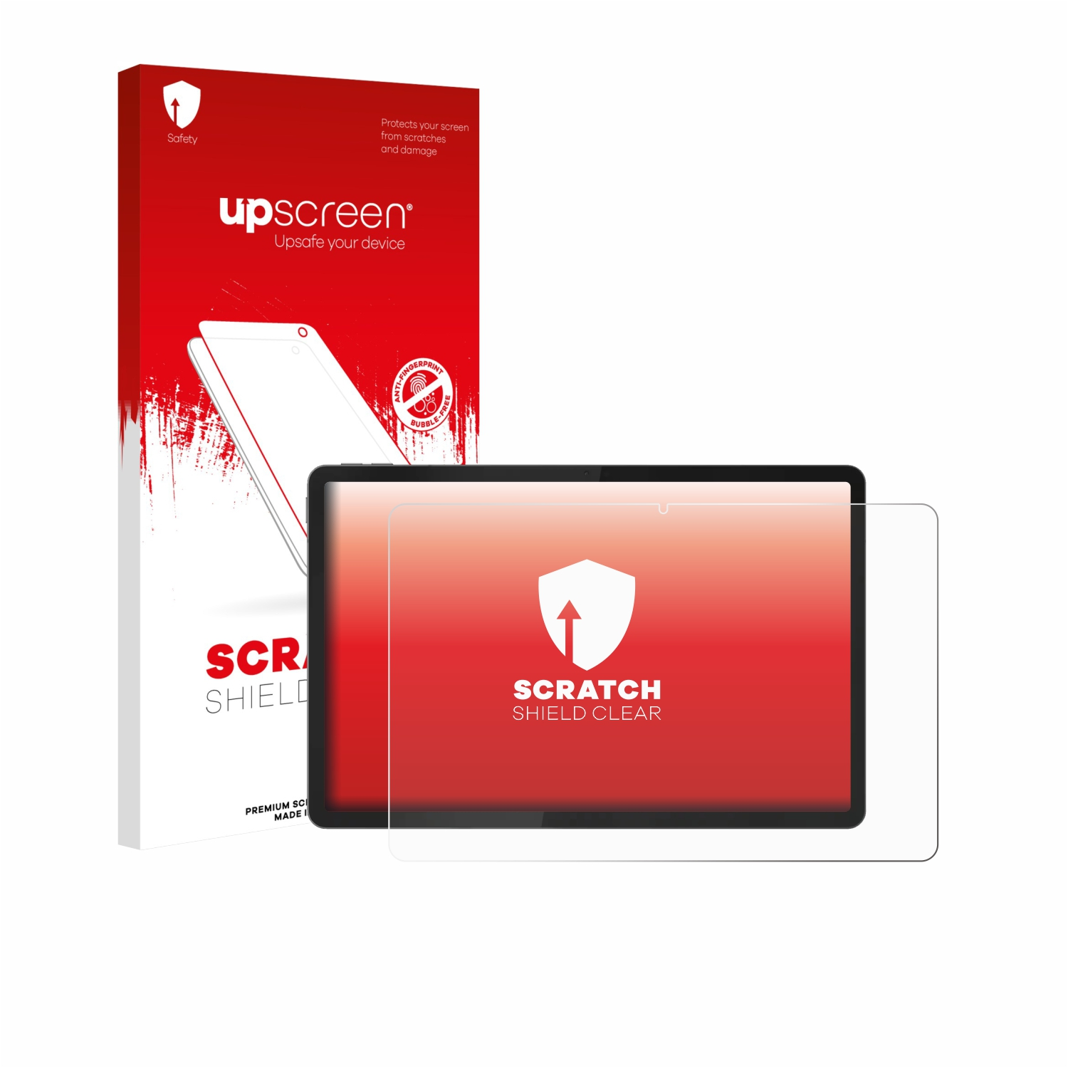Ein Tablet mit Displayschutzfolie und Verpackung. Die Verpackung ist rot und weiß und zeigt den Markennamen 'upscreen'.
