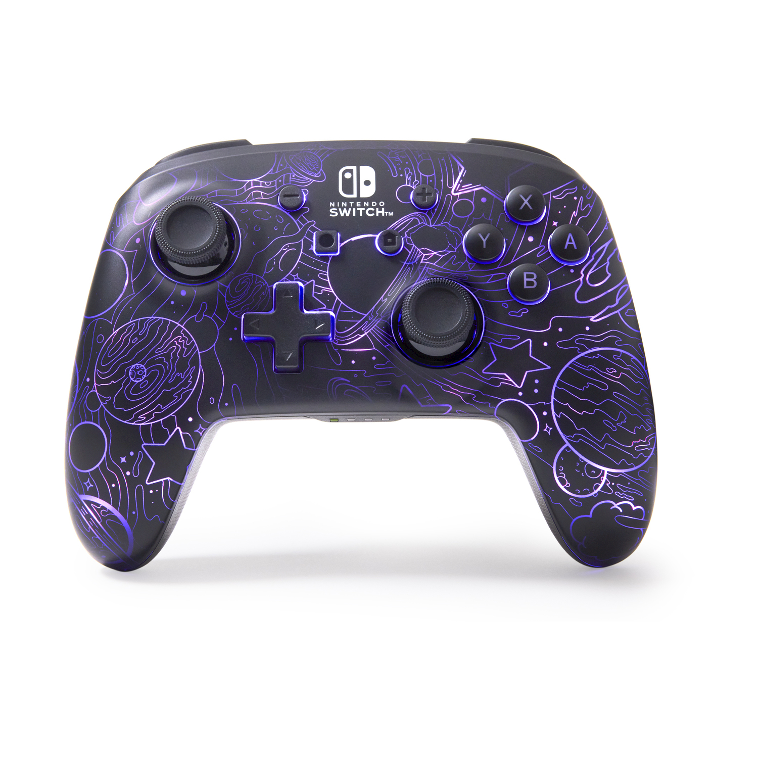 Czarny kontroler Nintendo Switch Pro z fioletowym wzorem galaktyki. Przyciski to A,B,X,Y. Widoczne są dwa joysticki i D-pad.