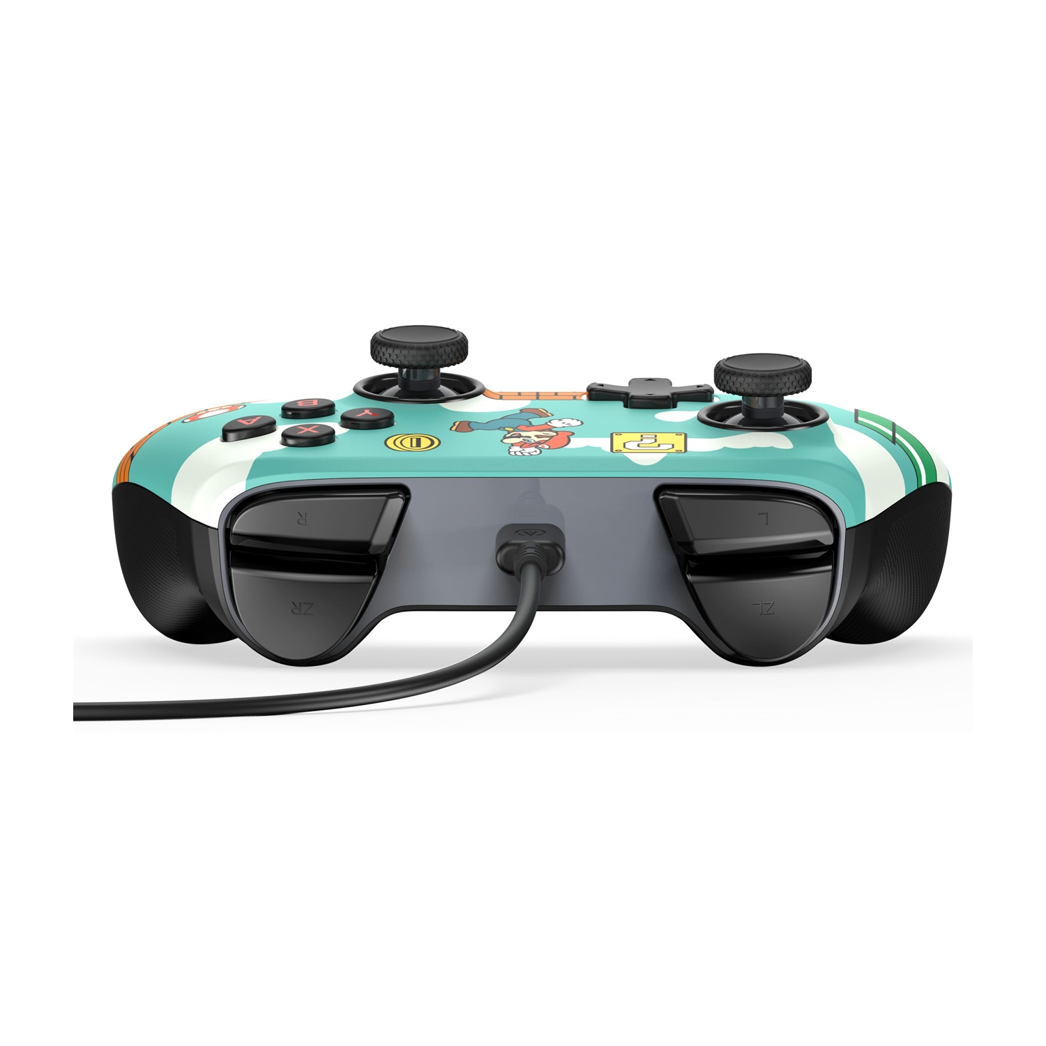 Kolorowy kontroler do gier z motywem Mario. Ma czarne przyciski, gałki i kabel. Tło jest białe.