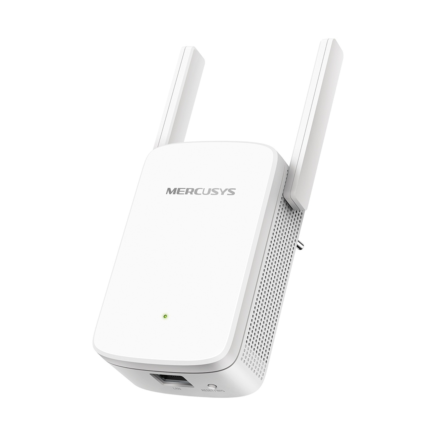 Een witte Mercusys wifi-extender met twee antennes. Het heeft een aan/uit-knop, een LAN-poort en een WPS/reset-knop.