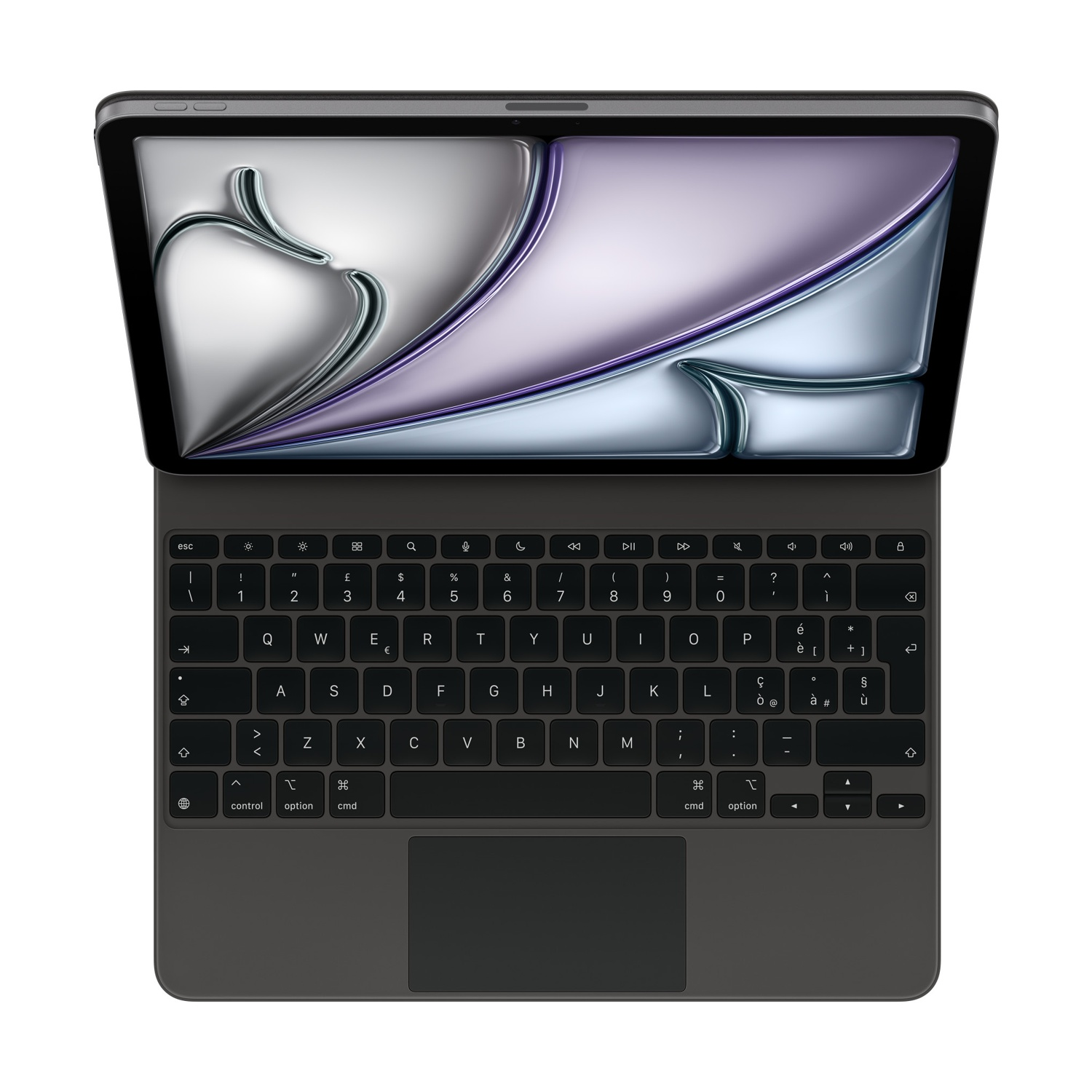 Tablet z odłączaną klawiaturą. Ekran wyświetla srebrny i fioletowy abstrakcyjny wzór. Klawiatura jest ciemnoszara.