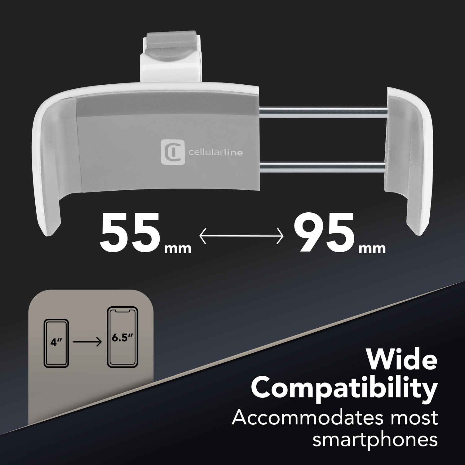 Ein weiß-grauer Telefonhalter mit Markennamen. Er unterstützt Telefone von 4" bis 6,5". Der Text lautet "Wide Compatibility".