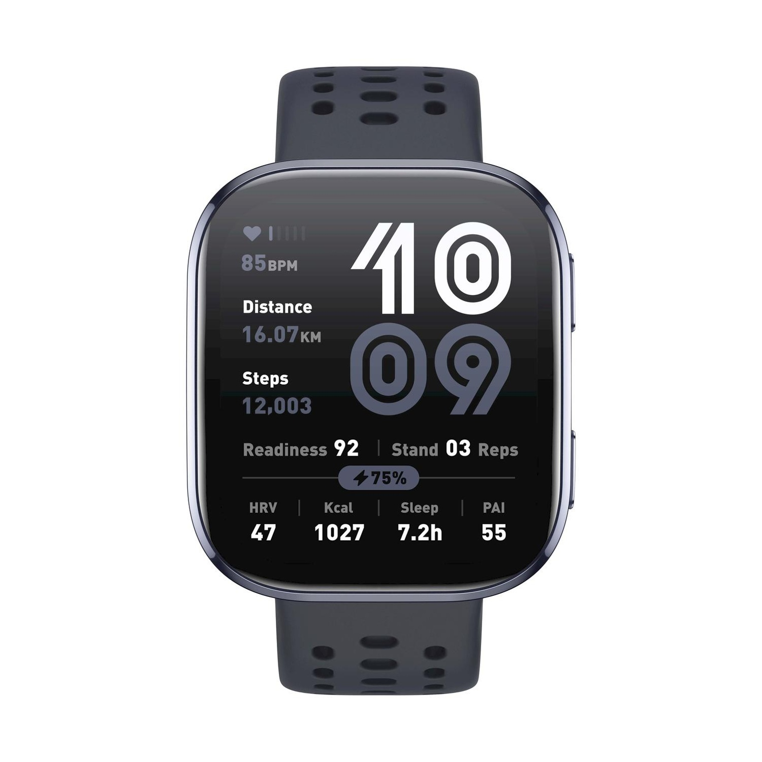 Smartwatch wyświetlający statystyki: tętno, dystans, kroki, gotowość, kalorie, sen i PAI. Wyświetla godzinę 10:09.