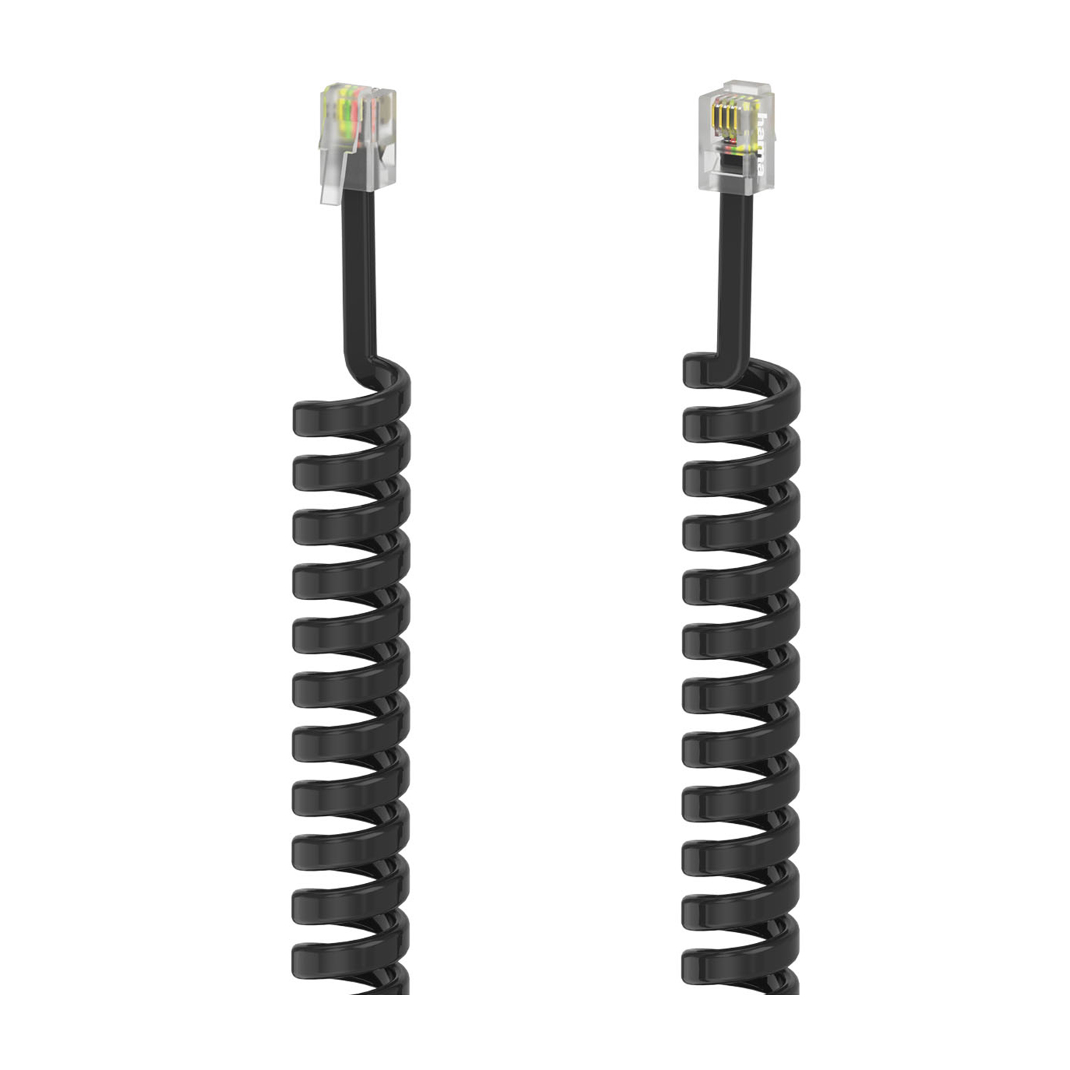 Due cavi telefonici neri a spirale con connettori trasparenti. Sfondo bianco.