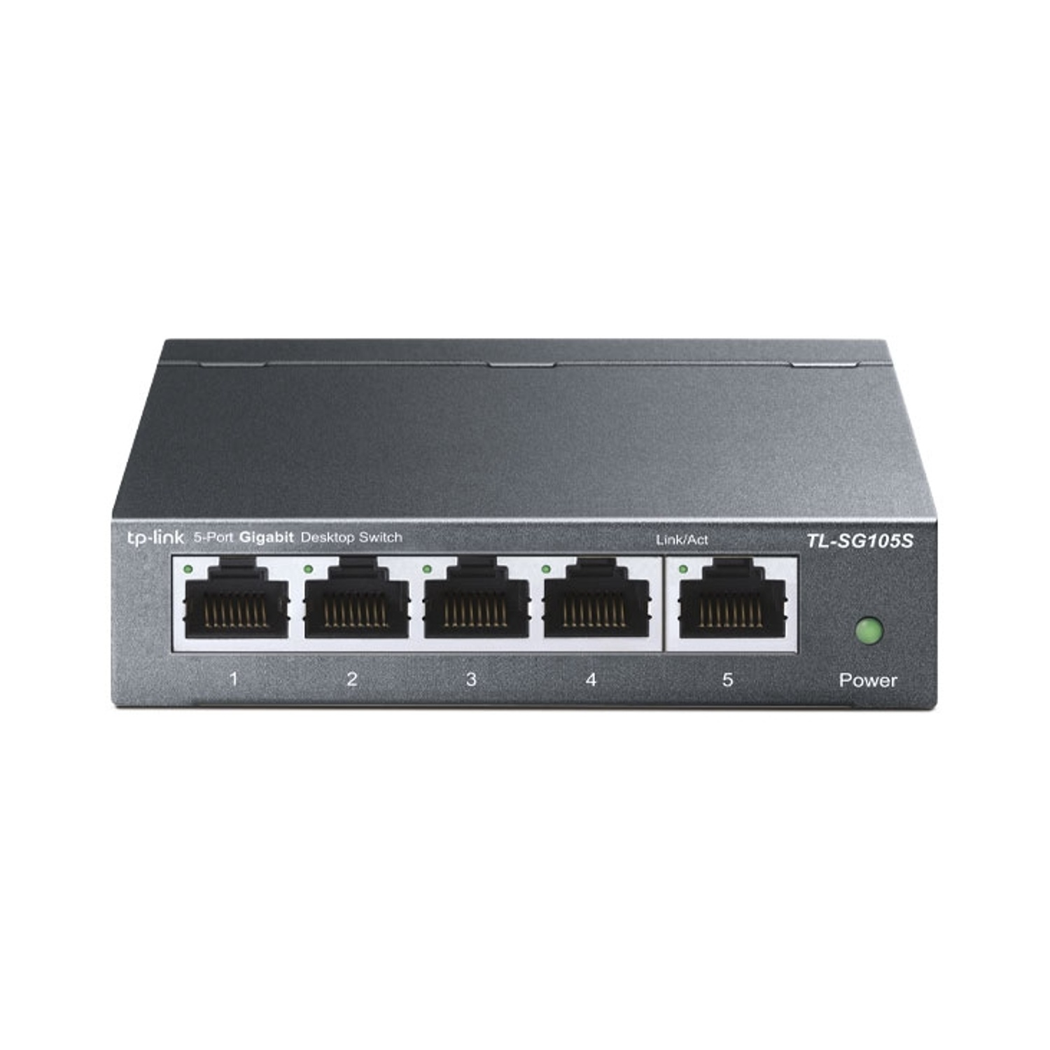 Uno switch desktop Gigabit TP-Link a 5 porte grigio. Ha 5 porte Ethernet, etichettate 1-5, una spia di alimentazione e una spia Link/Act.