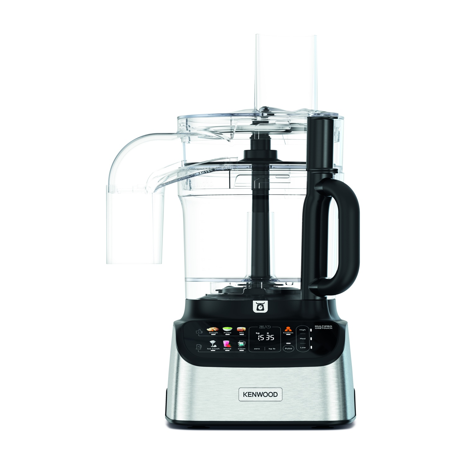 Een Kenwood keukenmachine. Het heeft een roestvrijstalen basis met zwarte accenten en een doorzichtige plastic kom en deksel.