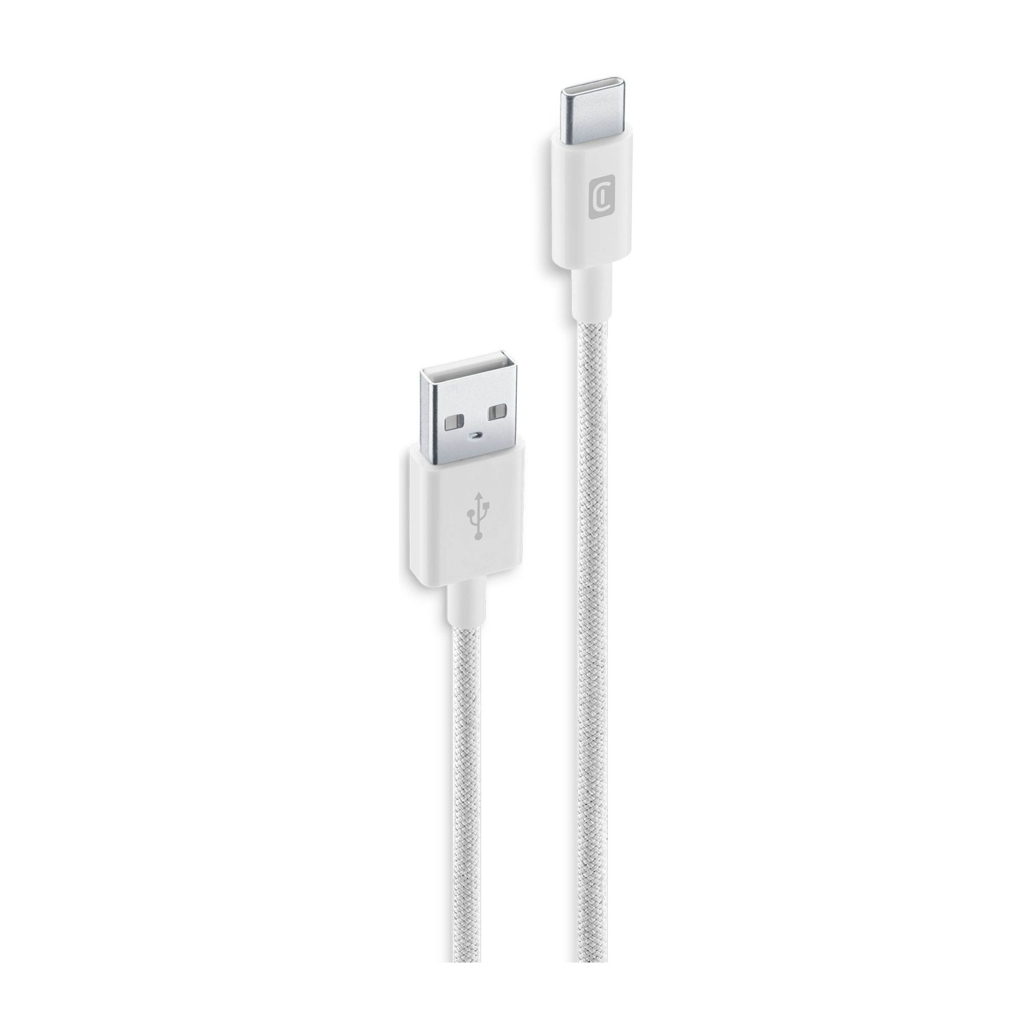 Ein weißes USB-C-Ladekabel mit einem USB-Anschluss an einem Ende und einem USB-C-Anschluss am anderen Ende, auf weißem Hintergrund.