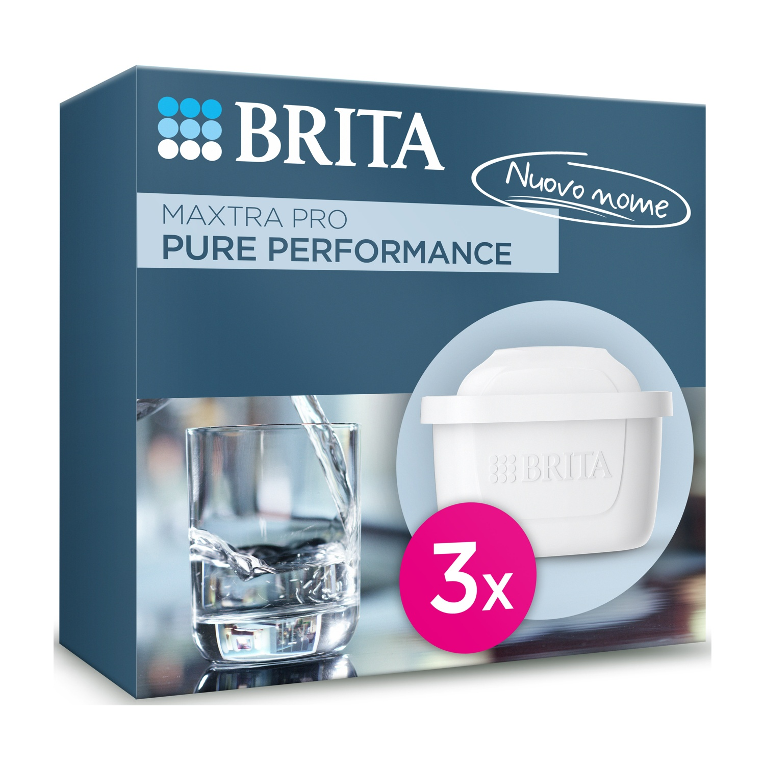 Pudełko z filtrem Brita ze szklanką, do której wlewa się woda. Obecny jest również filtr i liczba 3.