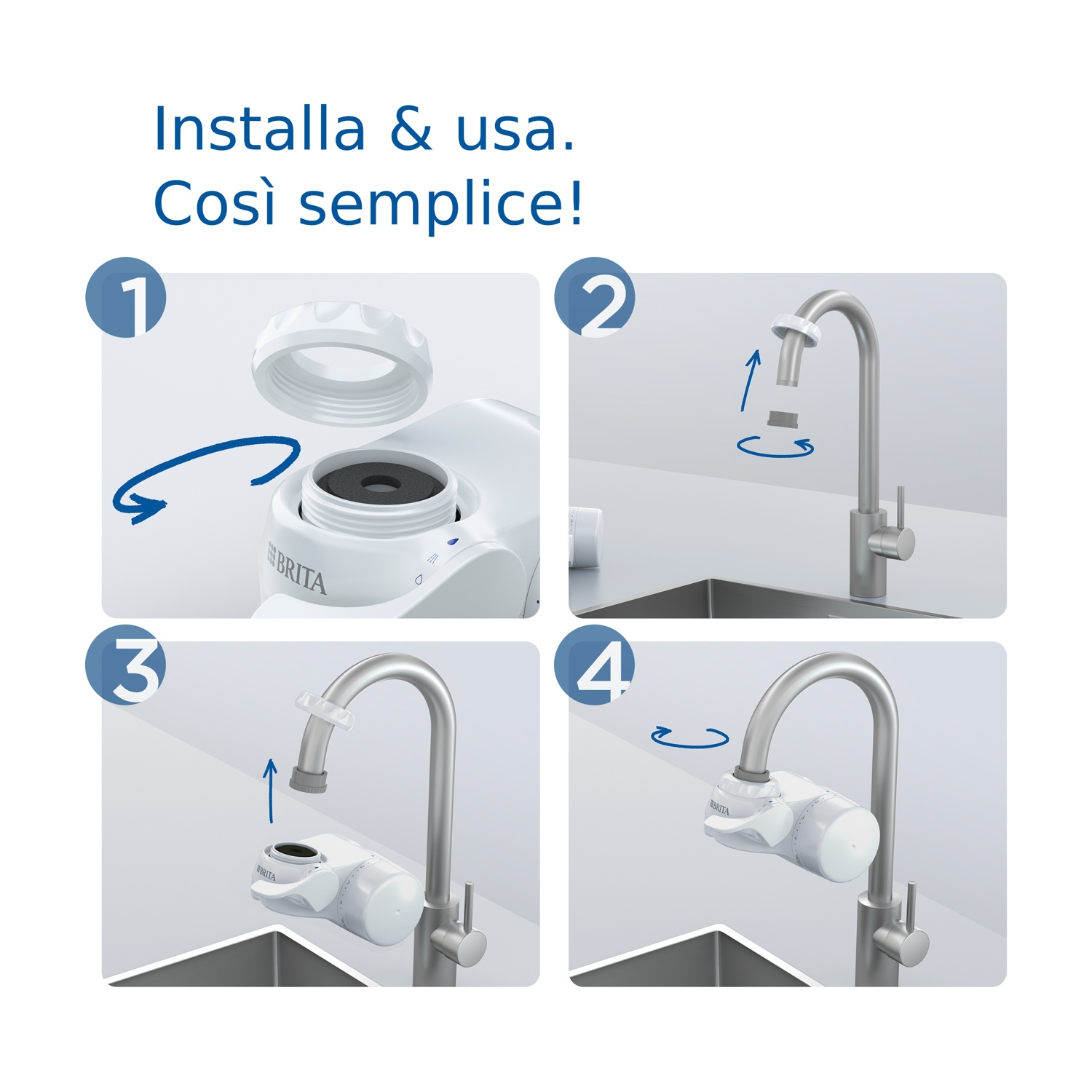 Anleitung zur Installation eines Wasserfilters an einem Wasserhahn. Schritte 1-4 zeigen die Montage mit Pfeilen, die den Vorgang anzeigen.