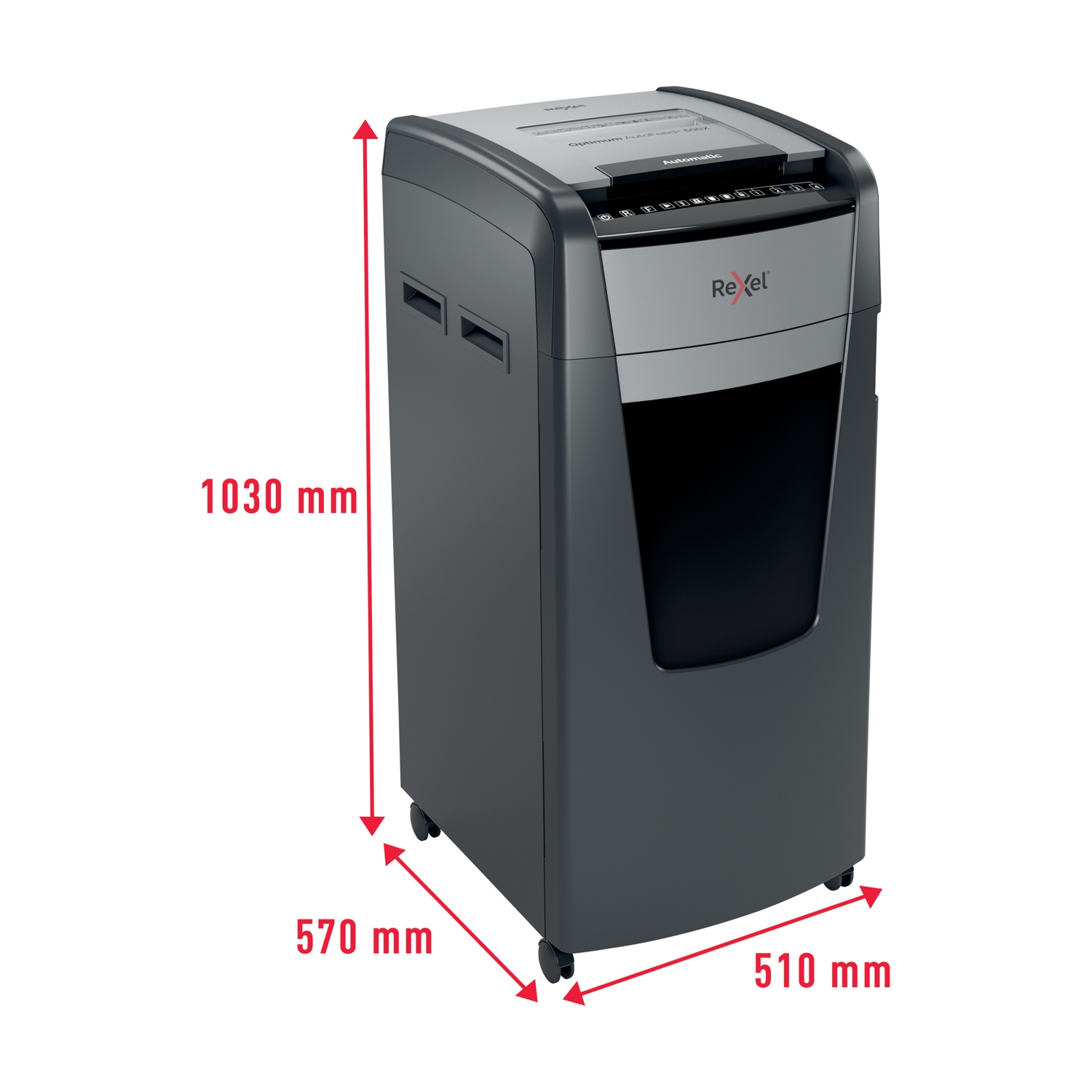 Un distruggidocumenti Rexel grigio scuro, dimensioni 1030 mm x 570 mm x 510 mm, con ruote. La parte superiore ha una fessura di alimentazione automatica.