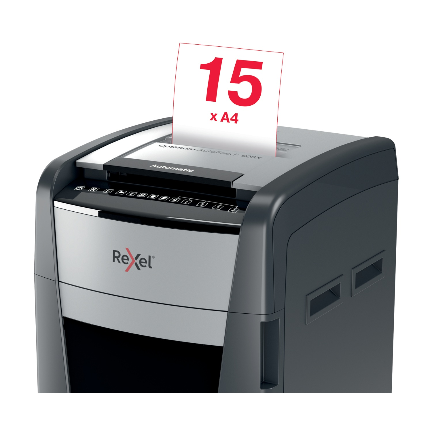 Un distruggidocumenti grigio e nero, con un foglio rosso che mostra il numero 15 e la scritta 'x A4'.