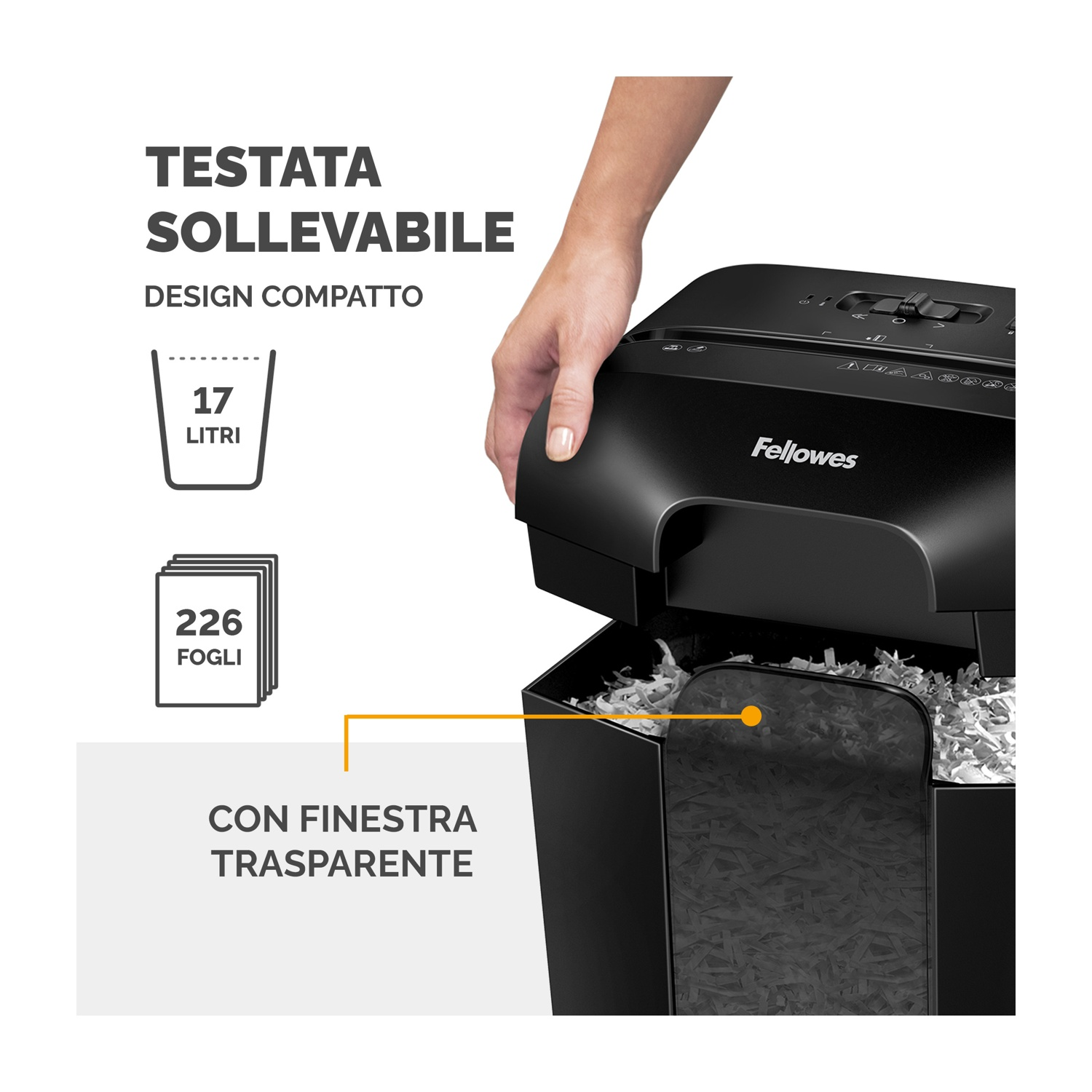 Un destructeur de papier noir avec une main soulevant le dessus. Il a une fenêtre transparente et dit Fellowes. Aussi, il a 17 litres et 226 feuilles.