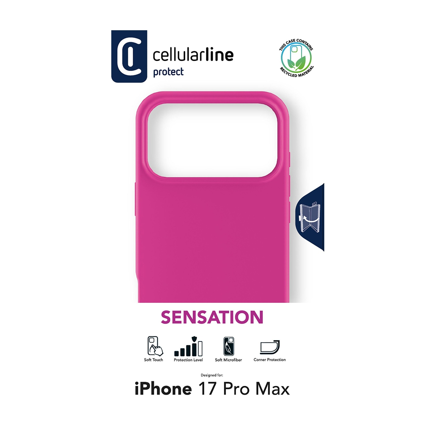 Eine pinkfarbene Handyhülle mit dem Markennamen 'cellularline protect'. Sie enthält Symbole für Soft Touch, Schutz und Mikrofaser.