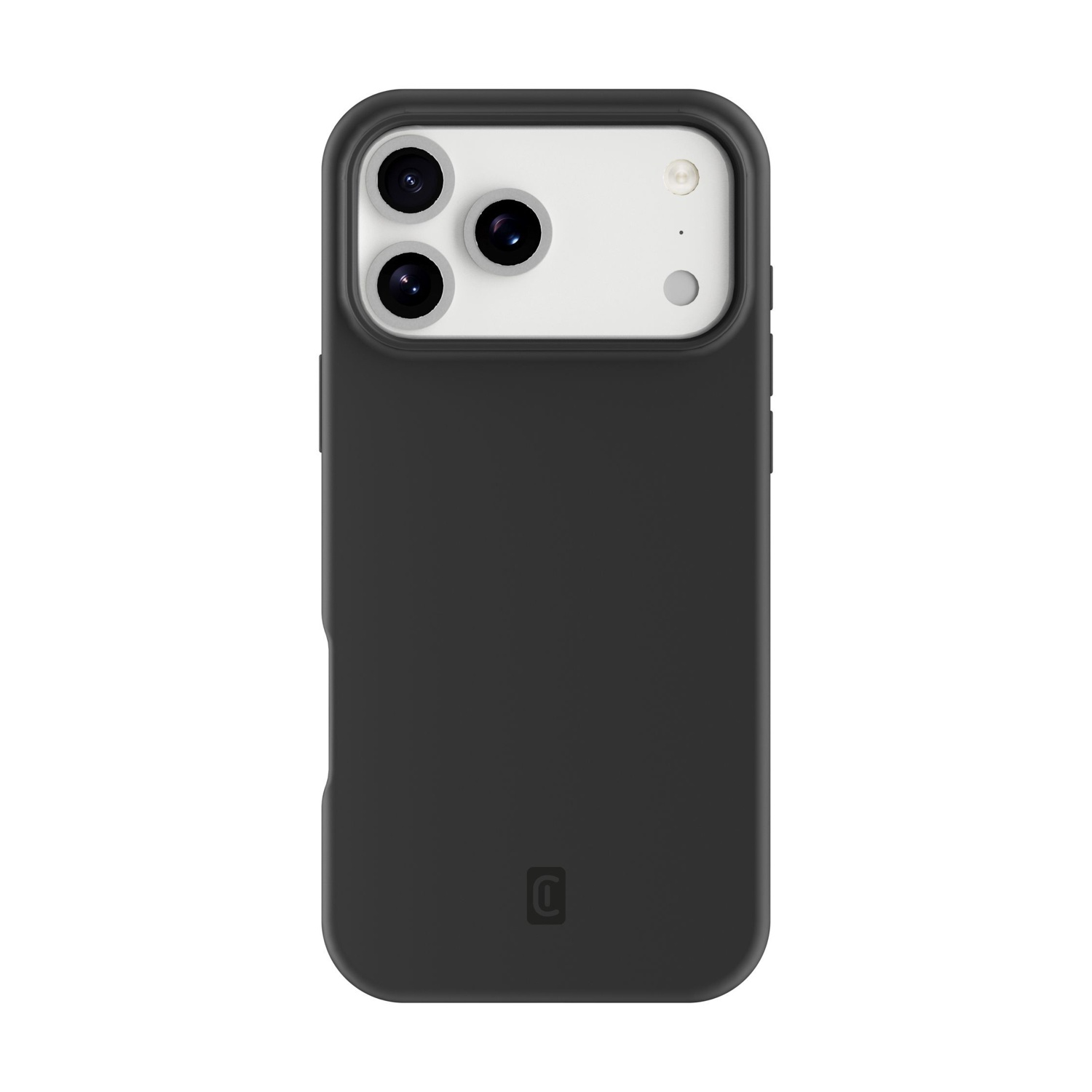 Eine schwarze Telefonhülle mit weißem Kamerabereich. Drei Kameralinsen sind sichtbar. Die Hülle hat unten ein Logo.